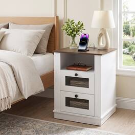WELLFOR - Nightstand with Charging Station, 2 Drawers and Storage Compartment - Rustic Brown