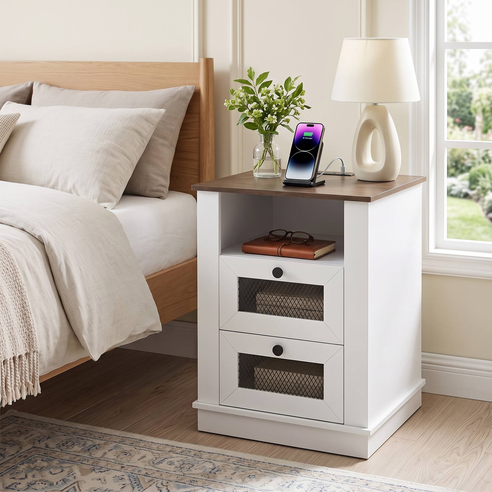 Front. WELLFOR - Nightstand with Charging Station, 2 Drawers and Storage Compartment - Rustic Brown.
