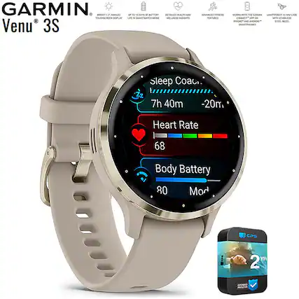GARMIN Venu 3S
- BRIGHT 1.2" AMOLED TOUCHSCREEN DISPLAY
- UP TO 10 DAYS OF BATTERY LIFE IN SMARTWATCH MODE
- DETAILED HEALTH AND WELLNESS INSIGHTS
- ADVANCED FITNESS FEATURES
- WORKS WITH THE GARMIN LIGHTWEIGHT 41 MM CASE CONNECT AP ON WITH IPHONE AND ANDROID SMARTPHONES
- LIGHTWEIGHT 41 MM CASE WITH STAINLESS STEEL BEZEL
Sleep Coach
7h 40m
-20m
Heart Rate
68
Body Battery
80
Mod
2 YR
