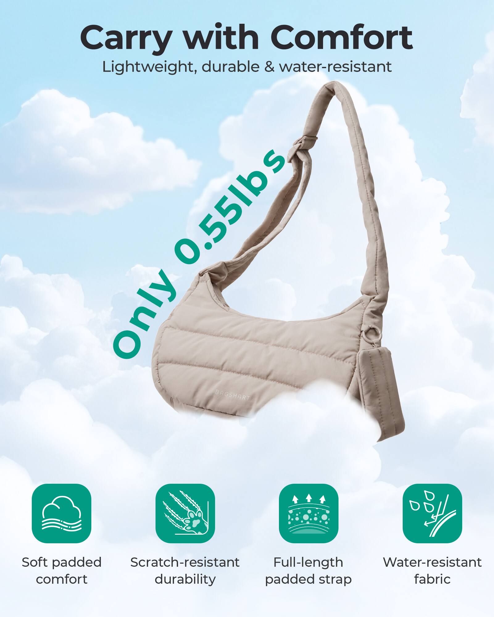 Carry with Comfort  
Lightweight, durable & water-resistant  

Only 0.55lbs  

Soft padded comfort  
Scratch-resistant durability  
Full-length padded strap  
Water-resistant fabric