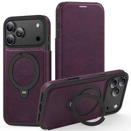 Dteck - For Apple iPhone 17 Pro Max Shockproof Leather RFID Blocking Card Slots Full Protection Mag Safe Case RIng Kickstand - Purple