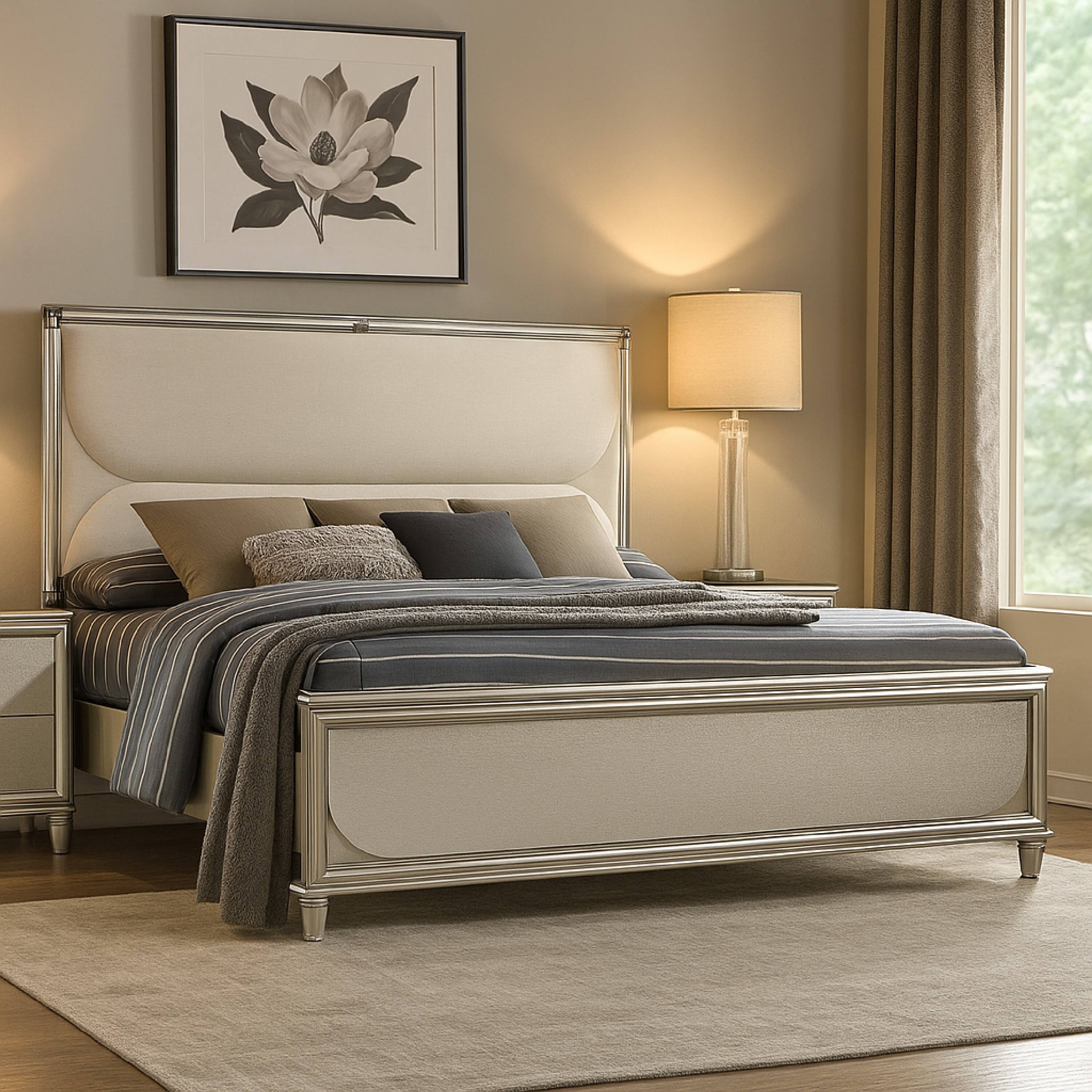 Alt View 5. Manhattan Lane - Zema Queen Bed, Upholstered Headboard w LED, Silver Wood, Acrylic Legs - Silver, Clear.