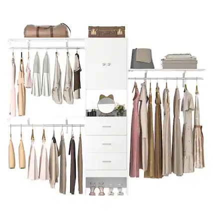 Front. Aheaplus - 8FT Heavy Duty Walk-In Closet System with Doors, 3 Shelves, 3 Wood Drawers, 96"L x 16"W x 80"H, 1000 LBS Max Load - White.