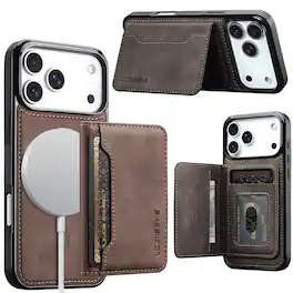 Dteck - RFID Blocking Magnetic 2 in 1 Wallet Phone Case for Apple iPhone 18 Pro, Slim Detachable Card Holder Kickstand Cover - Coffee