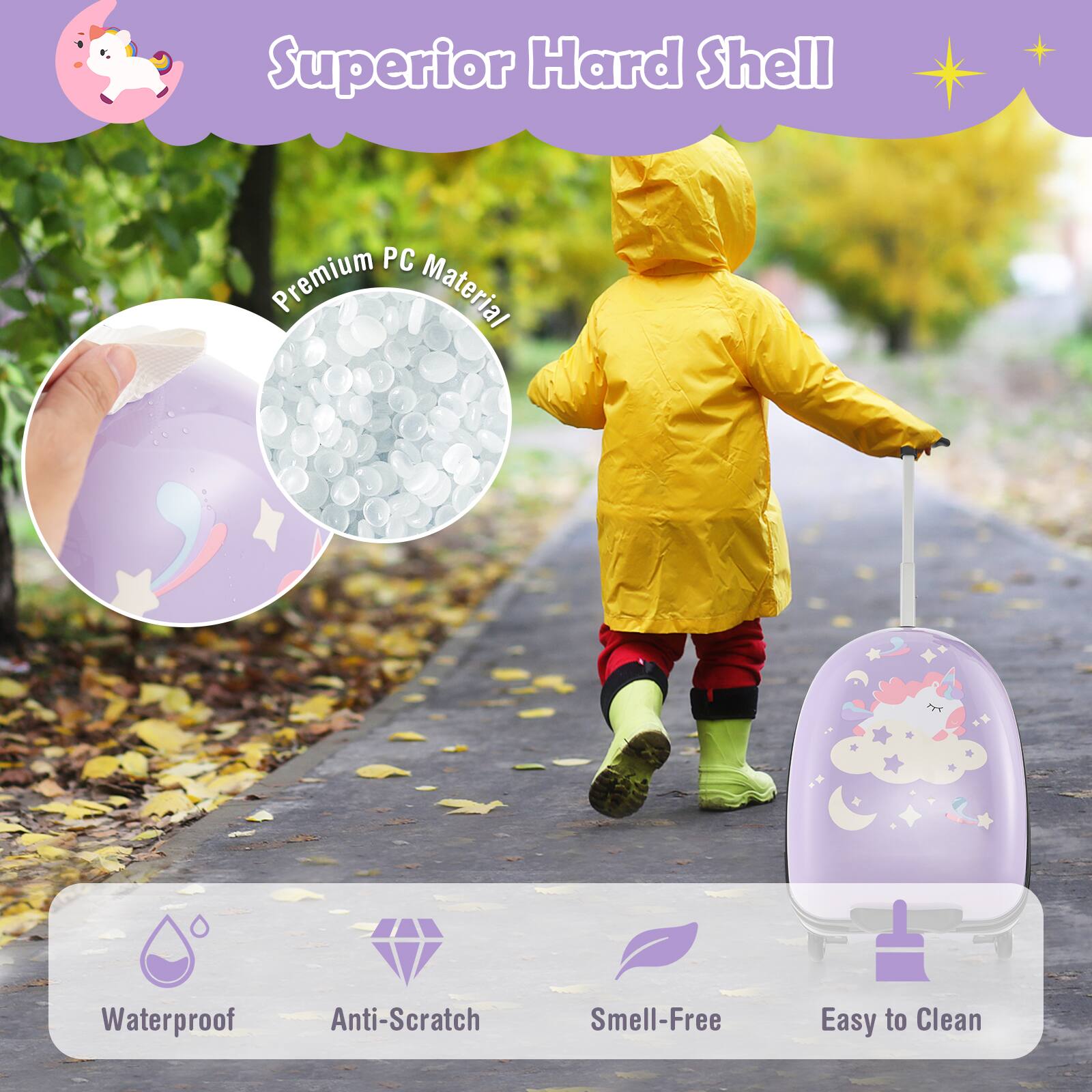 Superior Hard Shell  
Premium PC Material  
Waterproof  
Anti-Scratch  
Smell-Free  
Easy to Clean