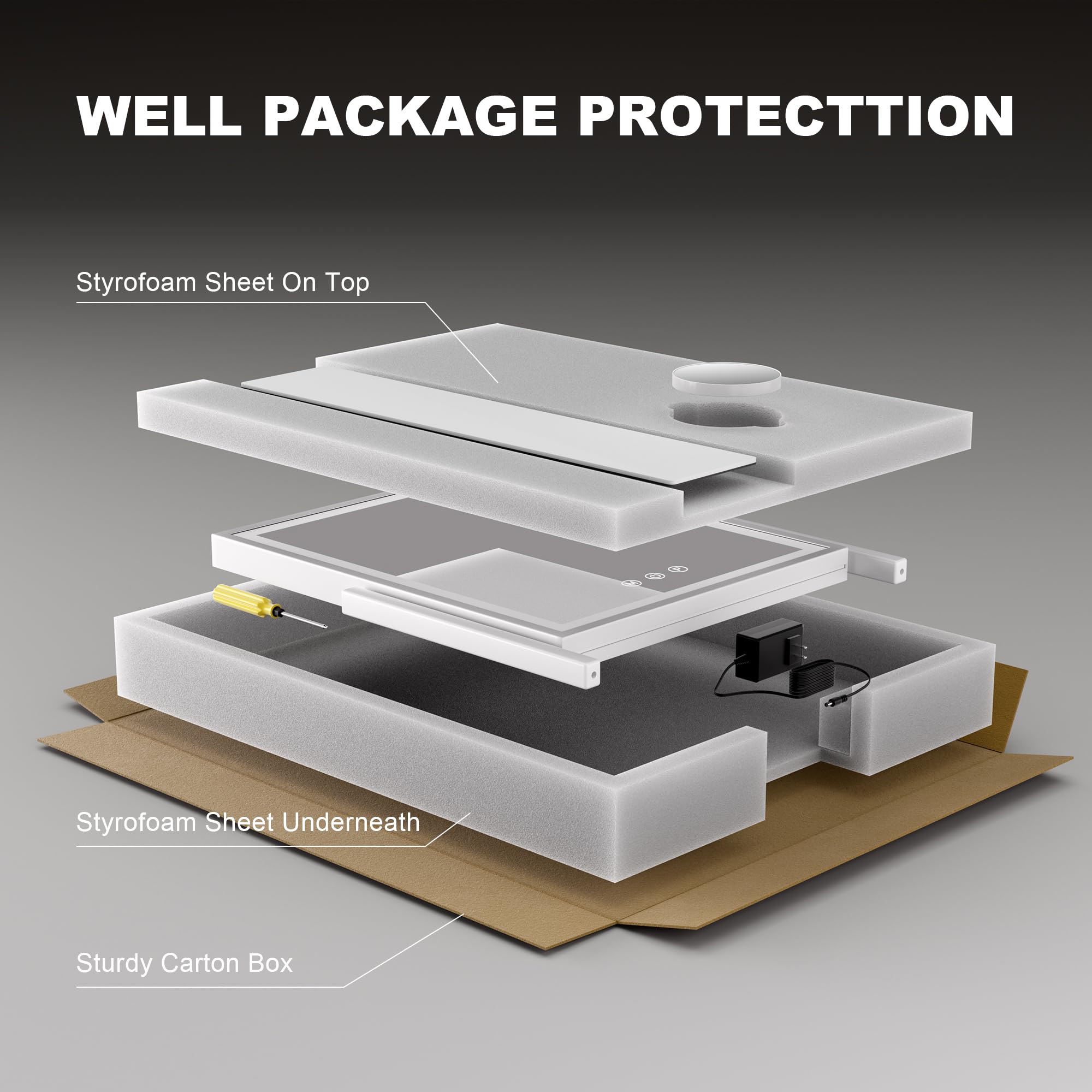 WELL PACKAGE PROTECTION

- Styrofoam Sheet On Top
- Styrofoam Sheet Underneath
- Sturdy Carton Box