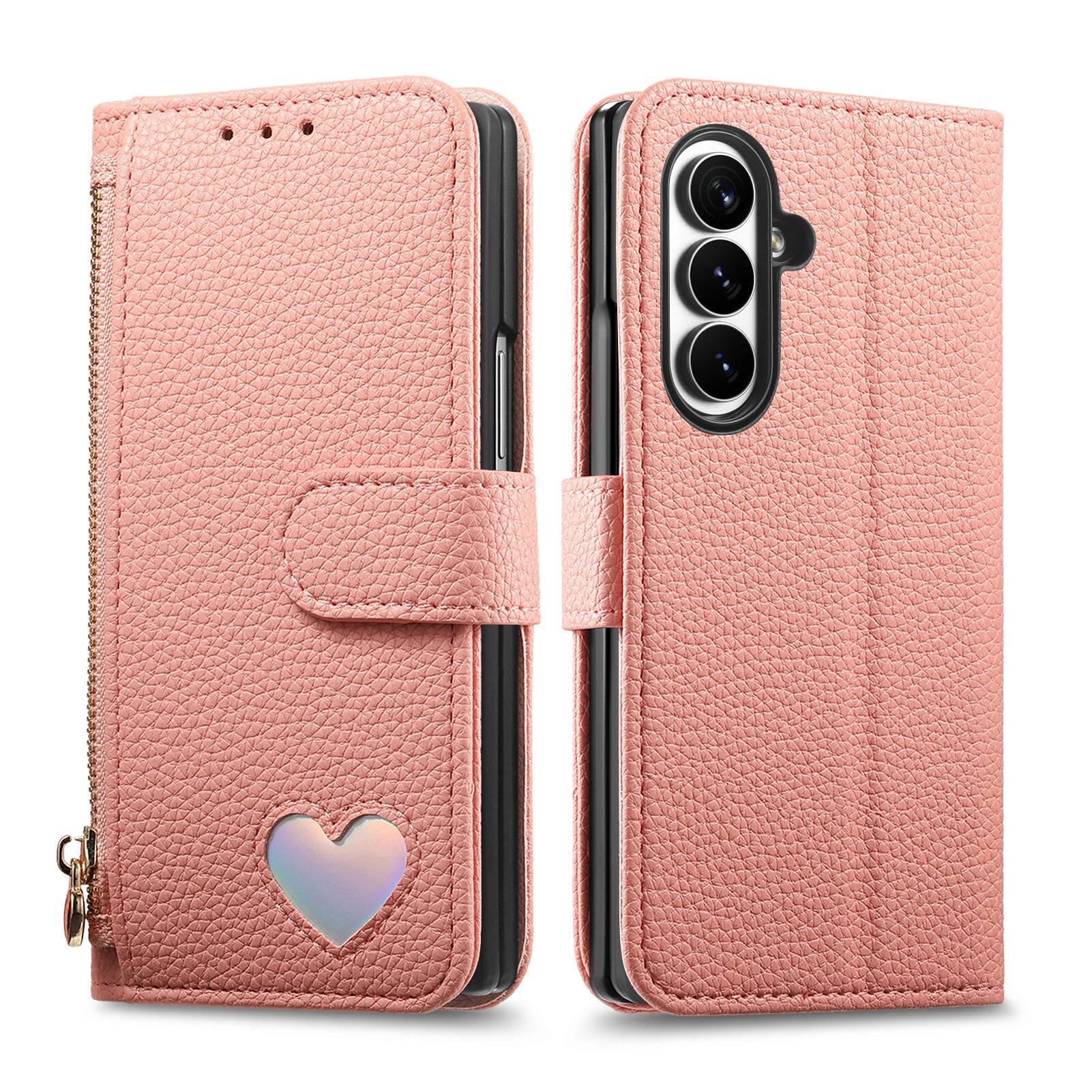 Angle. Dteck - PU Leather Wallet Case for Samsung Galaxy Z Fold8 Ultra with Wrist Strap Zipper Pocket, Protective Folio Kickstand Cover - Pink.