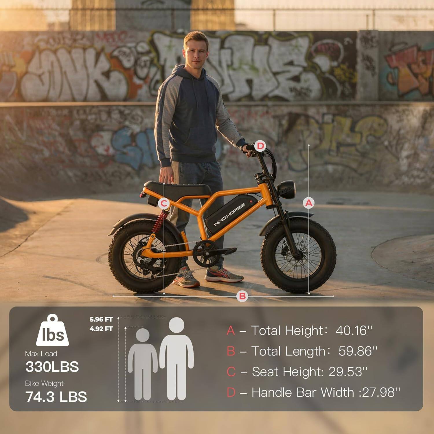 - **Max Load:** 330 LBS
- **Bike Weight:** 74.3 LBS
- **Total Height:** 40.16"
- **Total Length:** 59.86"
- **Seat Height:** 29.53"
- **Handle Bar Width:** 27.98"
- **5.96 FT**
- **4.92 FT**