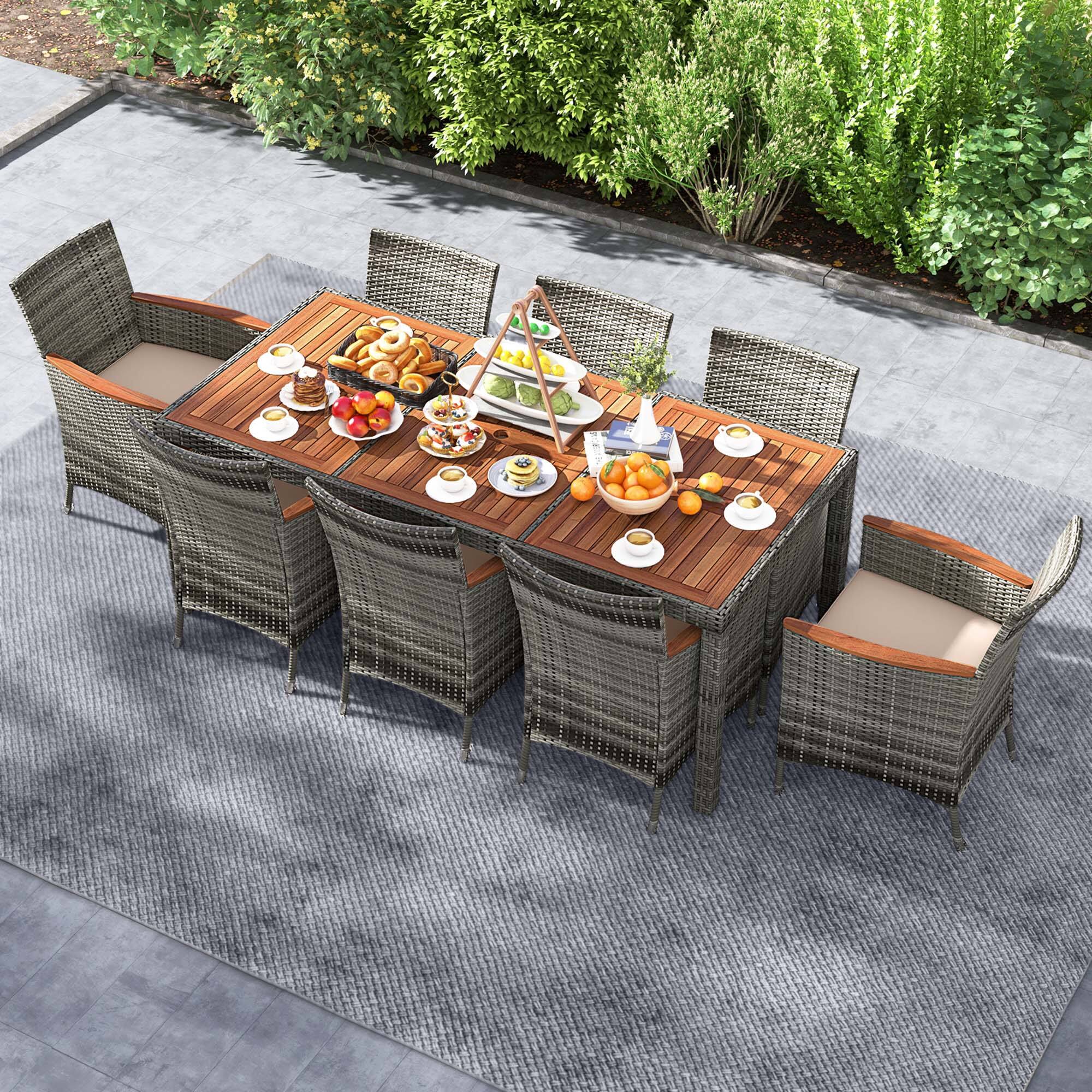 Alt View 4. Costway - Costway 9 Pieces Outdoor Wicker Dining Set with Acacia Wood Table and 8 Armchairs - Mix Gray,Beige.