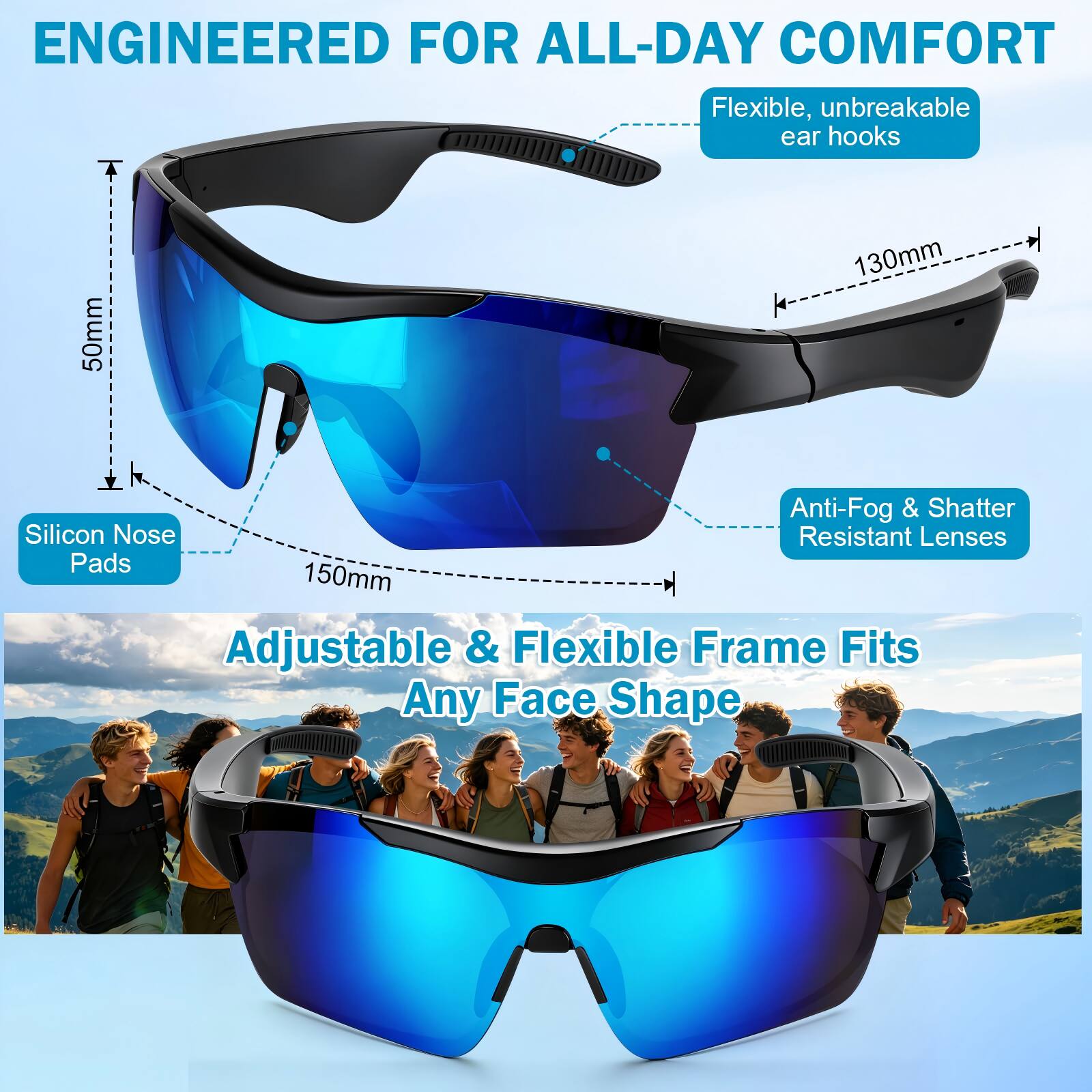 ENGINEERED FOR ALL-DAY COMFORT

- Flexible, unbreakable ear hooks
- 50mm
- 130mm
- Anti-Fog & Shatter Resistant Lenses
- 150mm
- Adjustable & Flexible Frame Fits Any Face Shape