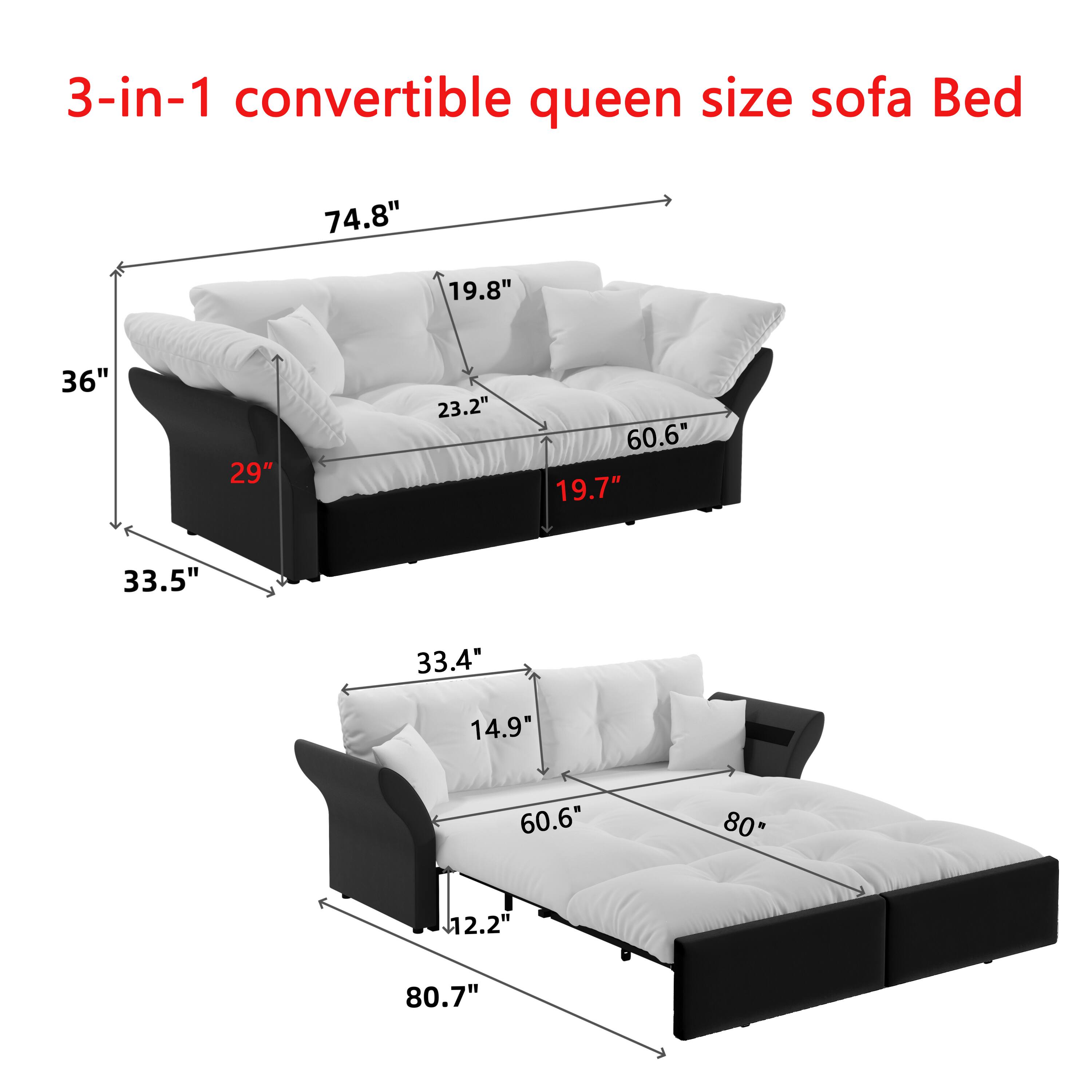 3-in-1 convertible queen size sofa Bed  
74.8" 19.8" 36" 29" 23.2" 60.6" 19.7" 33.5" 33.4" 14.9" 60.6" 80" 2.2" 80.7"
