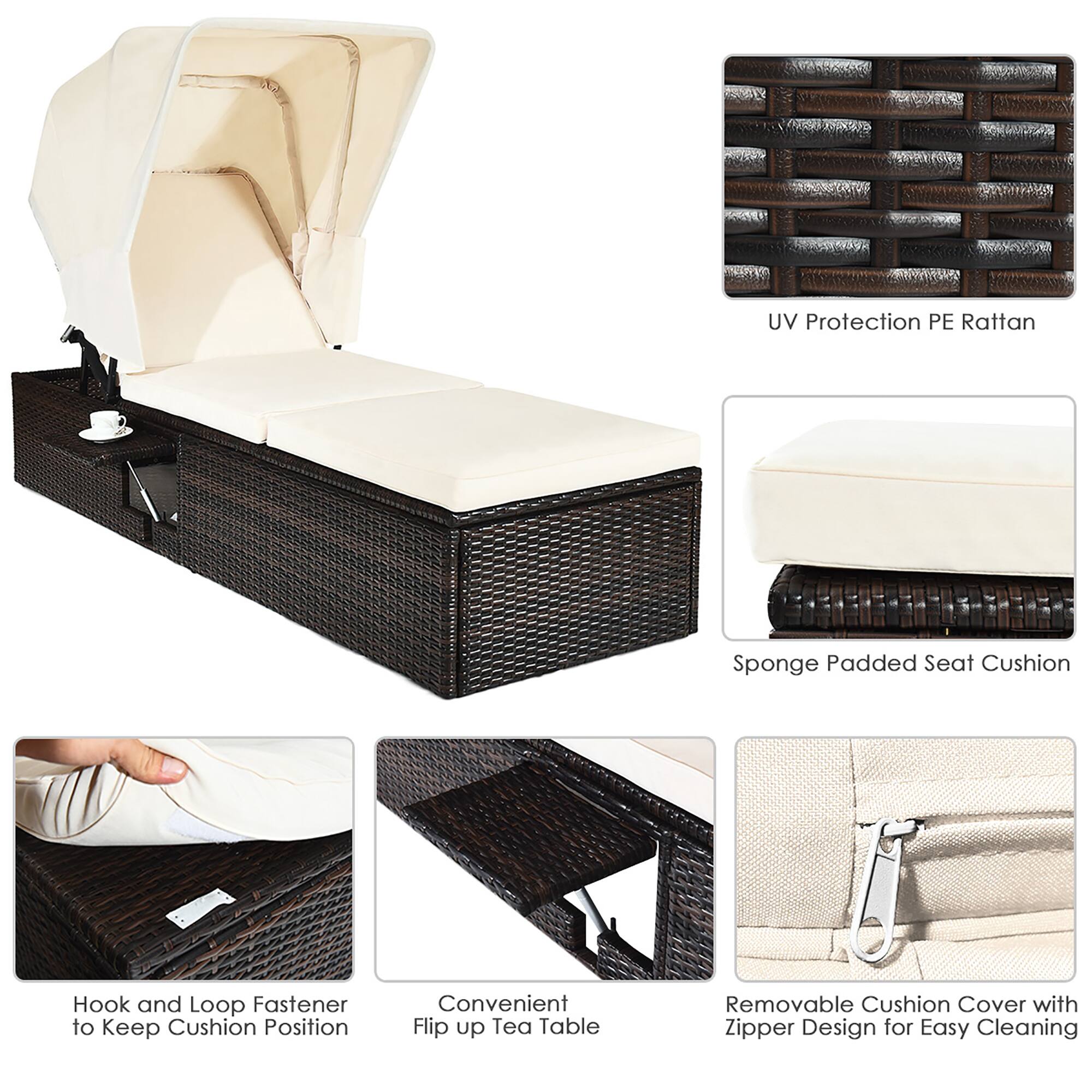 UV Protection PE Rattan, Sponge Padded Seat Cushion, Hook and Loop Fastener to Keep Cushion Position, Convenient Flip up Tea Table, Removable Cushion Cover with Zipper Design for Easy Cleaning