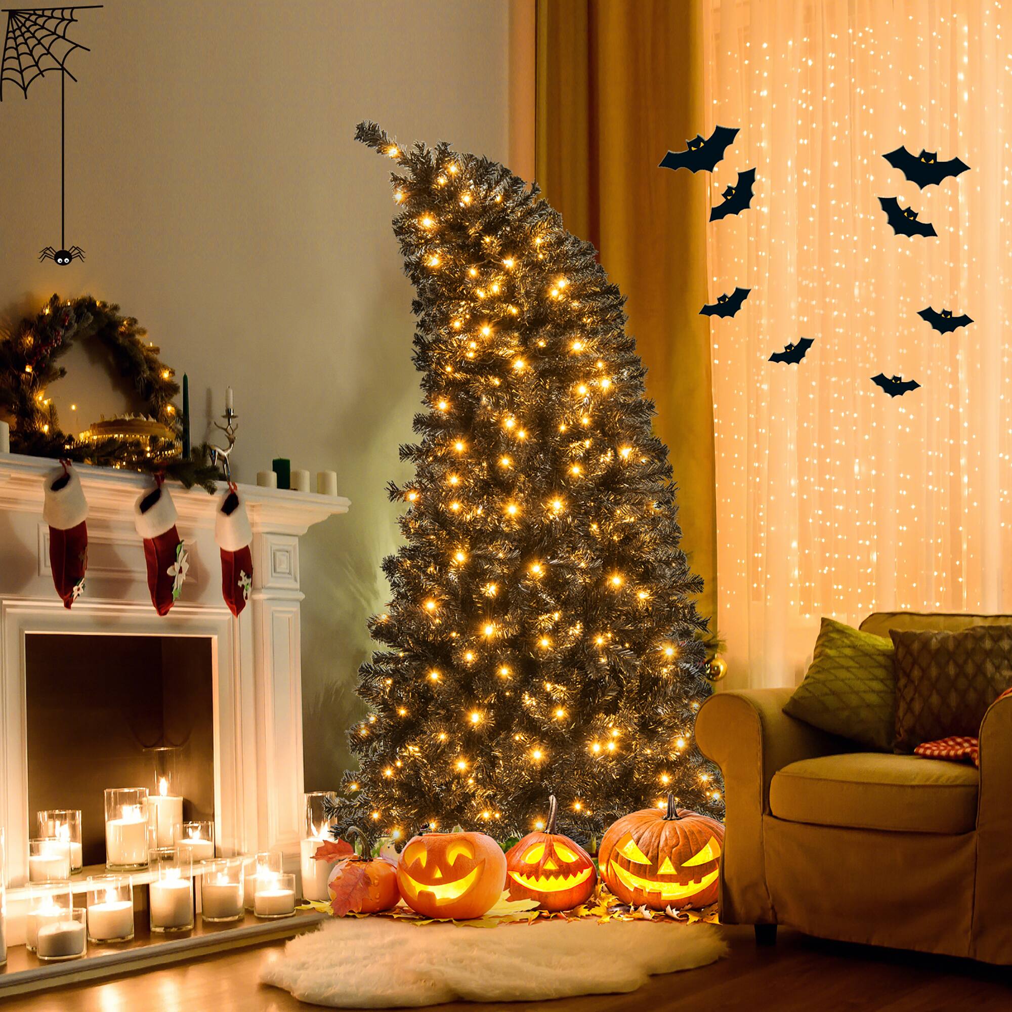 Alt View 3. Gymax - Gymax 6 FT Artificial Halloween Tree Pre-Lit Black Christmas Tree w/ Bendable Top Section - Black.