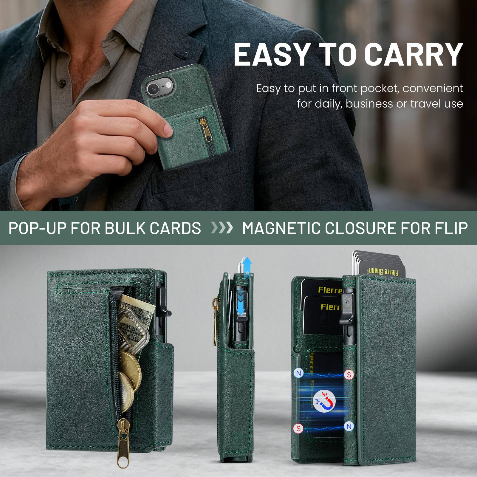 EASY TO CARRY  
Easy to put in front pocket, convenient for daily, business or travel use  

POP-UP FOR BULK CARDS >>>  
MAGNETIC CLOSURE FOR FLIP