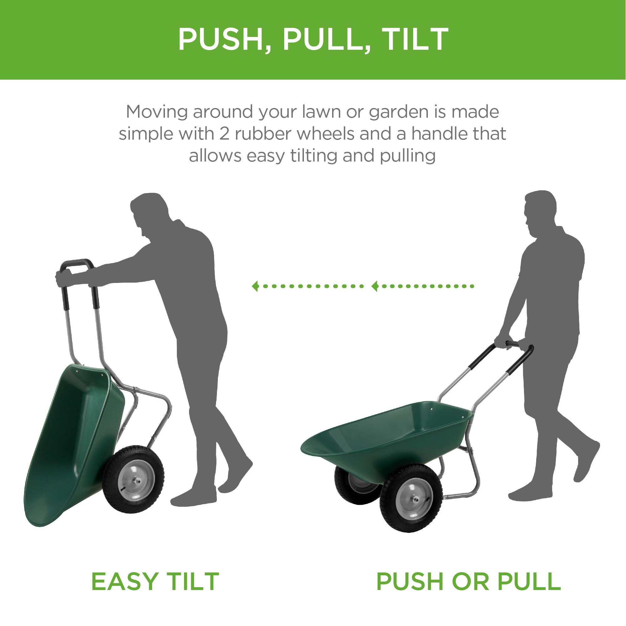 PUSH, PULL, TILT

Moving around your lawn or garden is made simple with 2 rubber wheels and a handle that allows easy tilting and pulling

EASY TILT

PUSH OR PULL