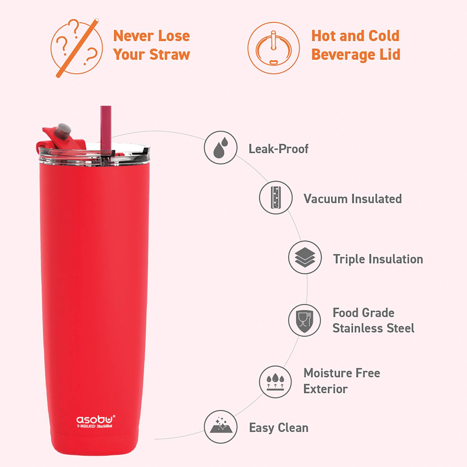 - Never Lose Your Straw
- Hot and Cold Beverage Lid
- Leak-Proof
- Vacuum Insulated
- Triple Insulation
- Food Grade Stainless Steel
- Moisture Free Exterior
- Easy Clean