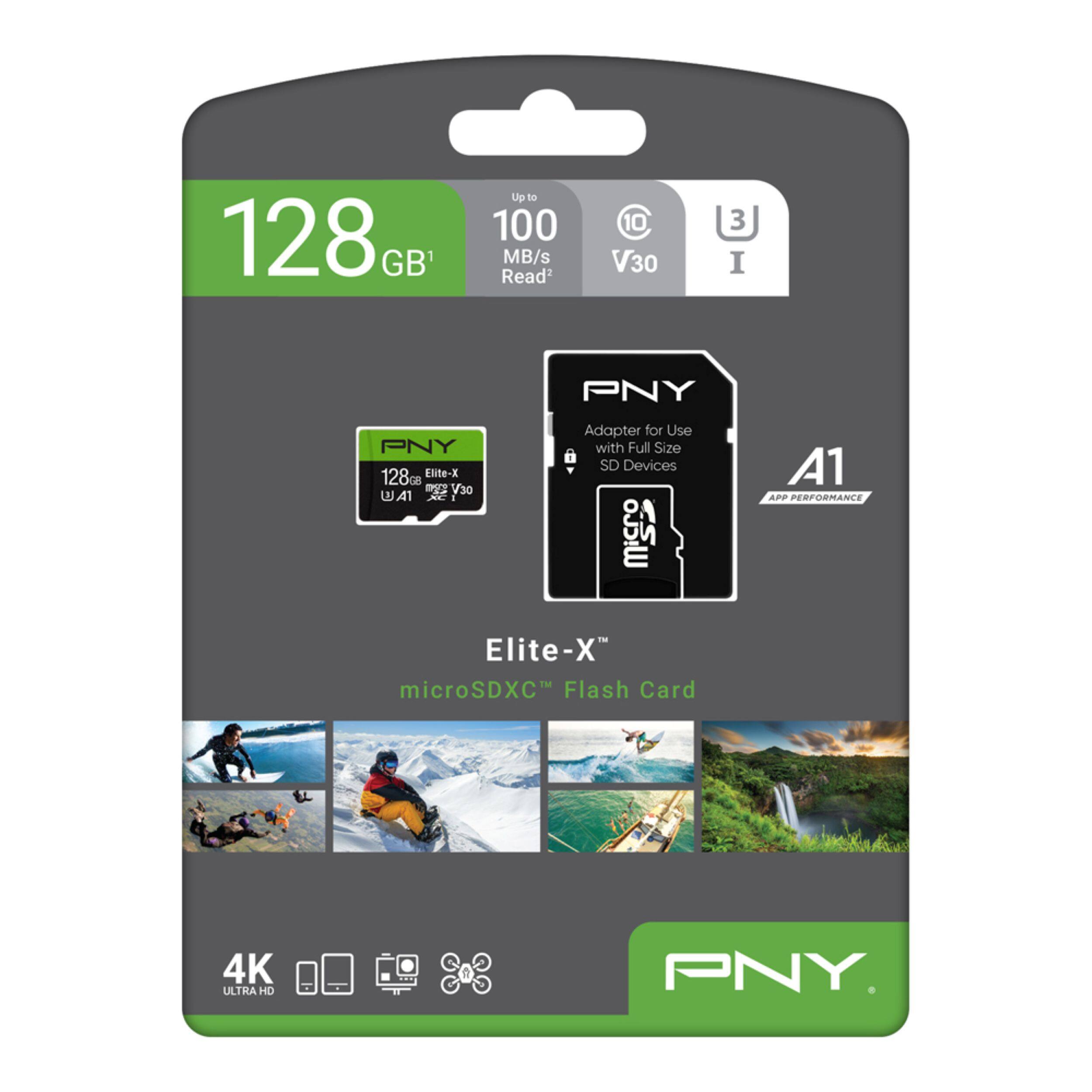 128 GB Up to 100 MB/s Read2 10 V30 3 I PNY PNY 128 GB Elite-X G8 -E V30 WA1 X : Adapter for Use with Full Size SD Devices ! A1 APP PERFCRMANCE Elite-X microSDXC Flash Card 4K ULTRA HD 1 PNY