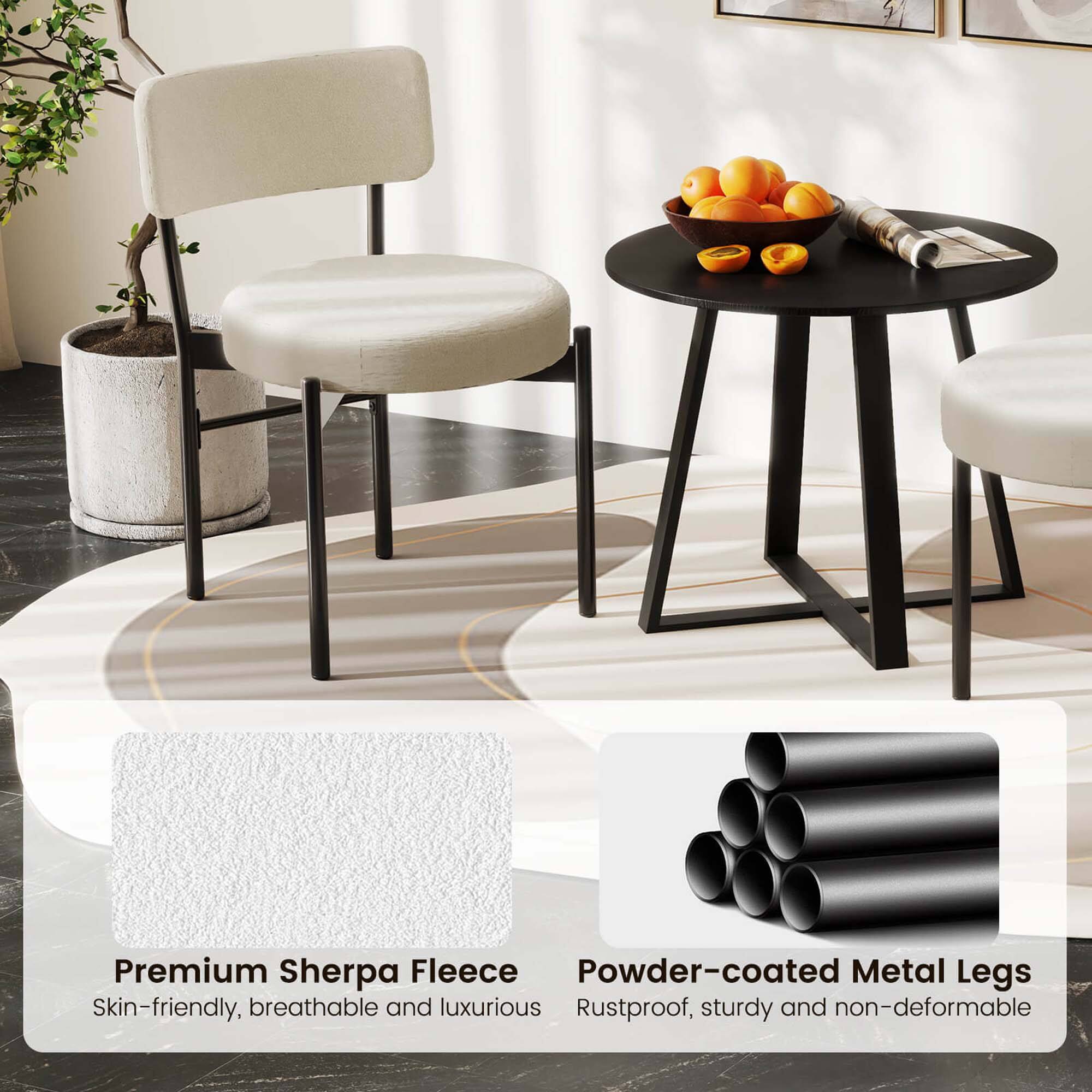 The text on the image reads: "Premium Sherpa Fleece Powder-coated Metal Legs Skin-friendly, breathable and luxurious Rustproof, sturdy and non-deformable."
