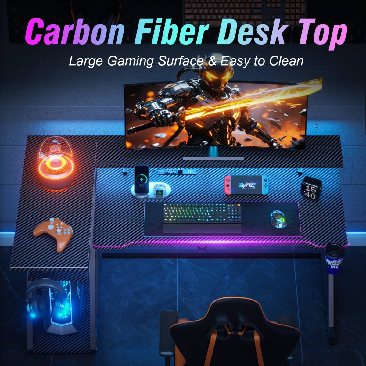 Carbon Fiber Desk Top  
Large Gaming Surface & Easy to Clean