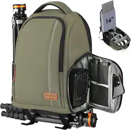 TARION - 15L Camera Backpacks Waterproof Camera Bag with 15.6" Laptop Compartment & Side Access Tripod Holder - Green