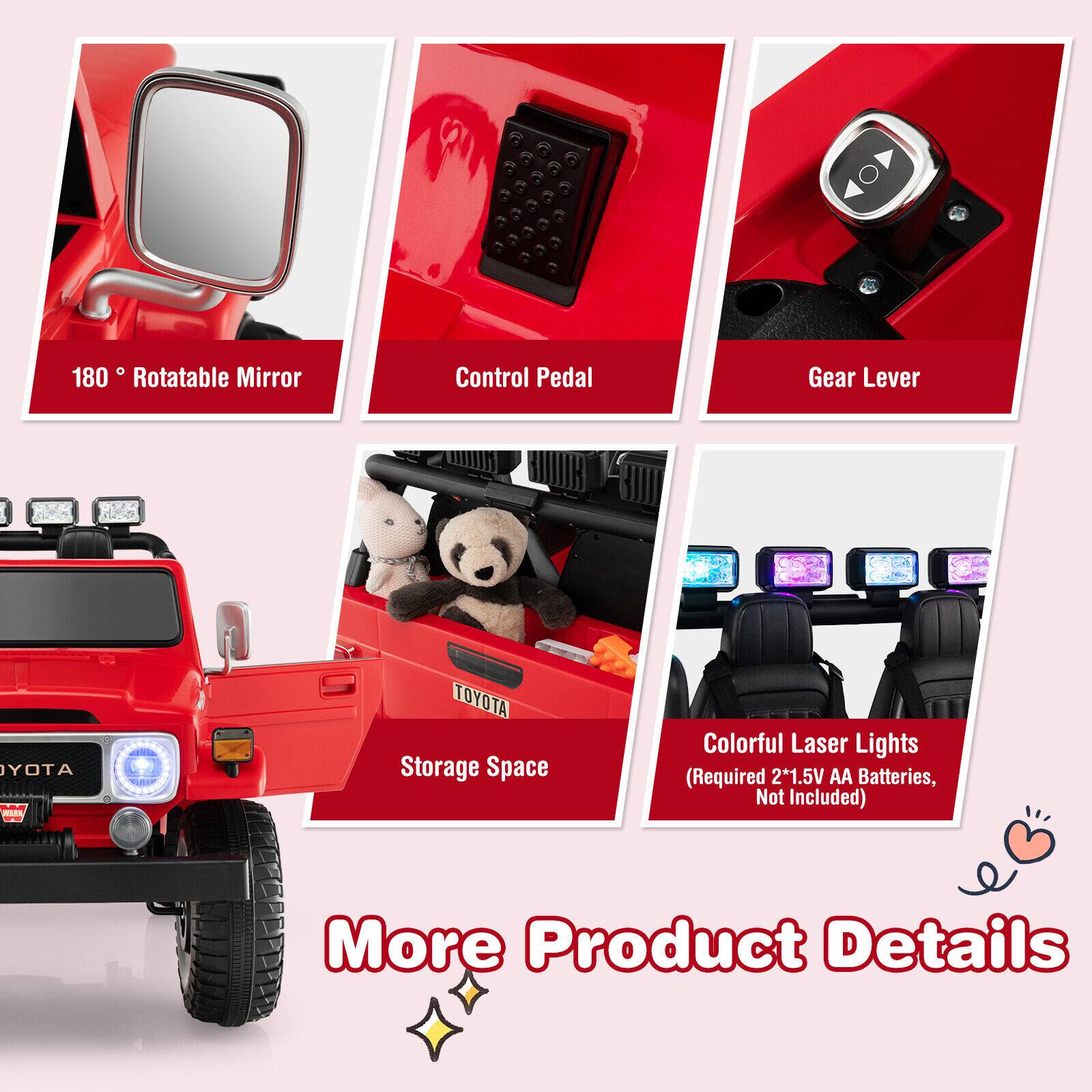 180° Rotatable Mirror  
Control Pedal  
Gear Lever  
Storage Space  
Colorful Laser Lights (Required 2*1.5V AA Batteries, Not Included)  
More Product Details