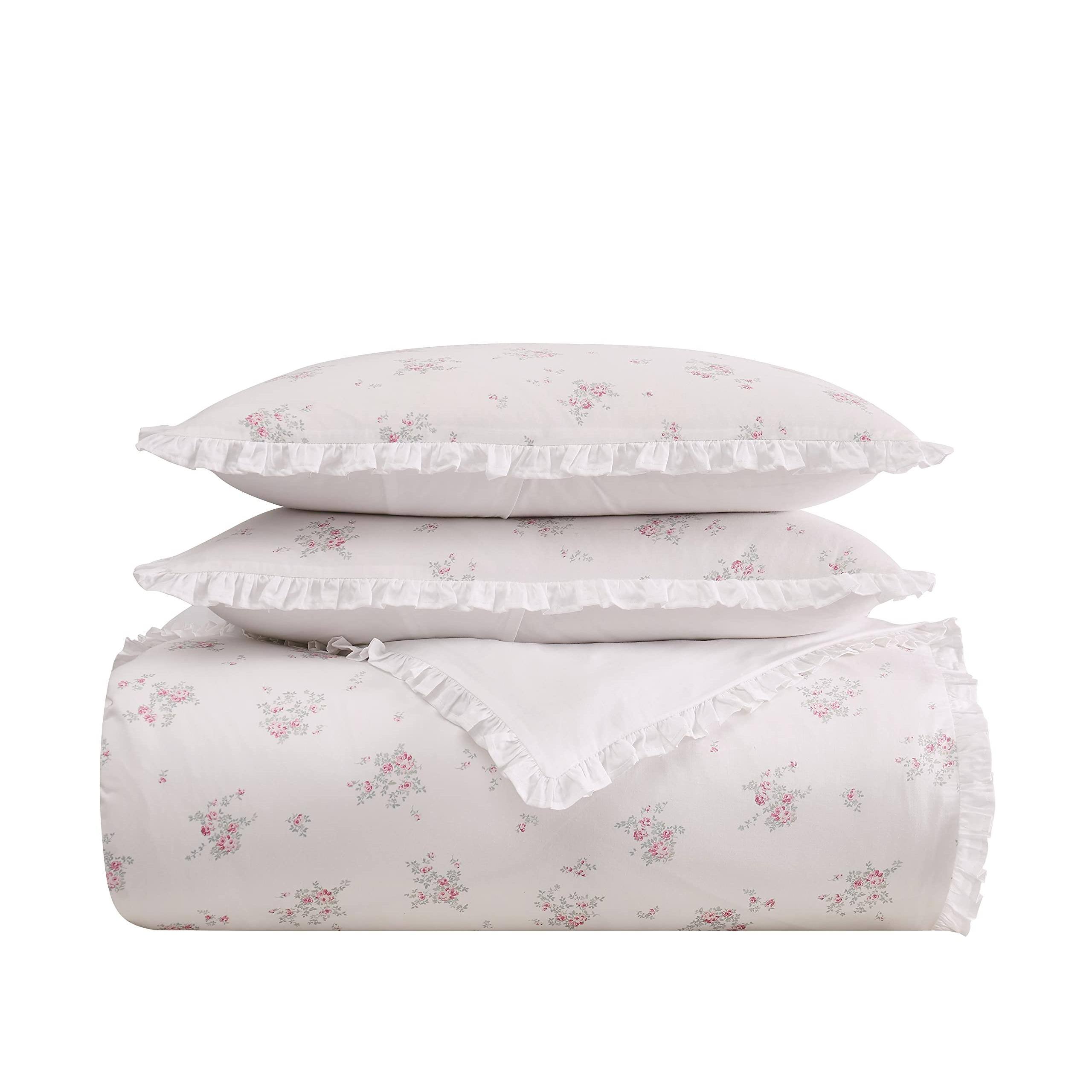 Left. Cedar Assembly - Rosebury And Cotton Fullqueen Duvet Set Floral For Men Women Oekotex Certified Confidence - White/Pink-Full/Queen-Duvet Set.