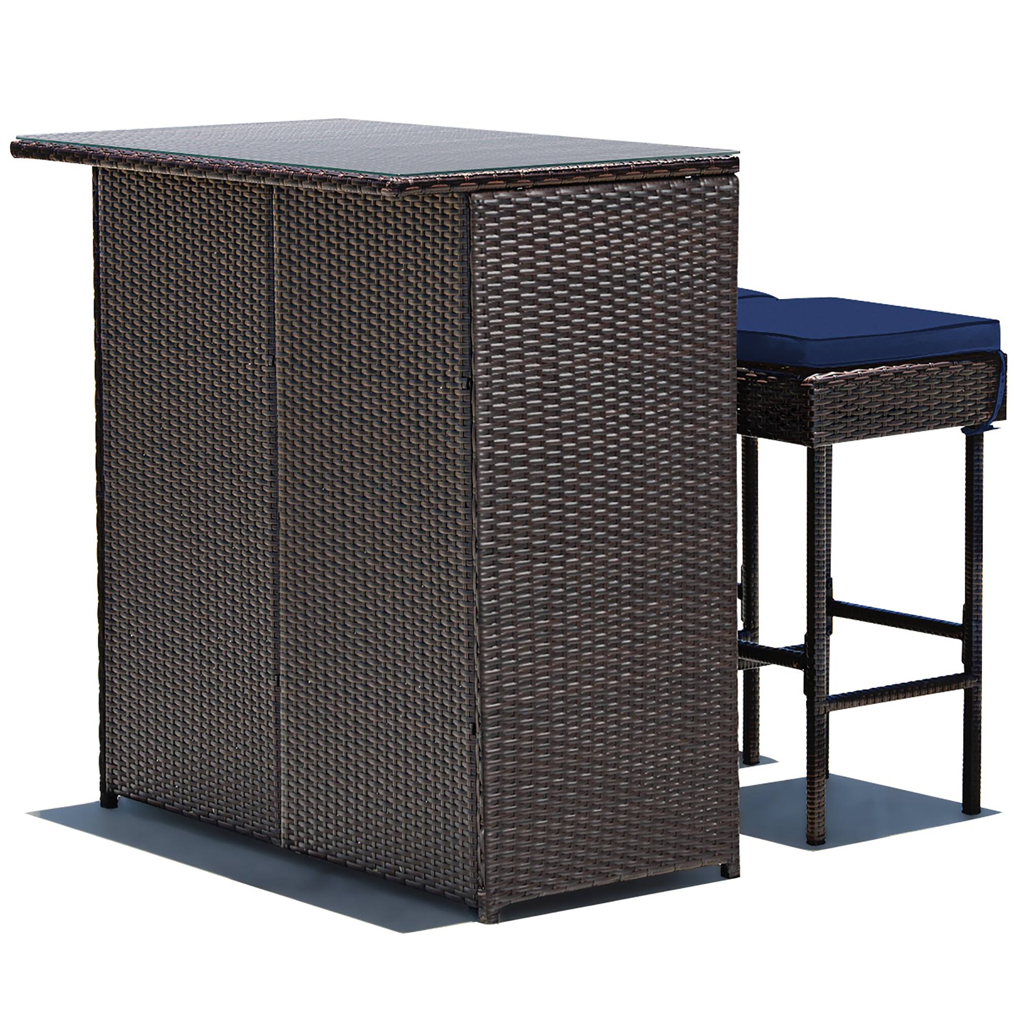 Back. Costway - 3PCS Rattan Bar Table Stool Set Cushioned Chairs with Cover - brown/navyy/off white.
