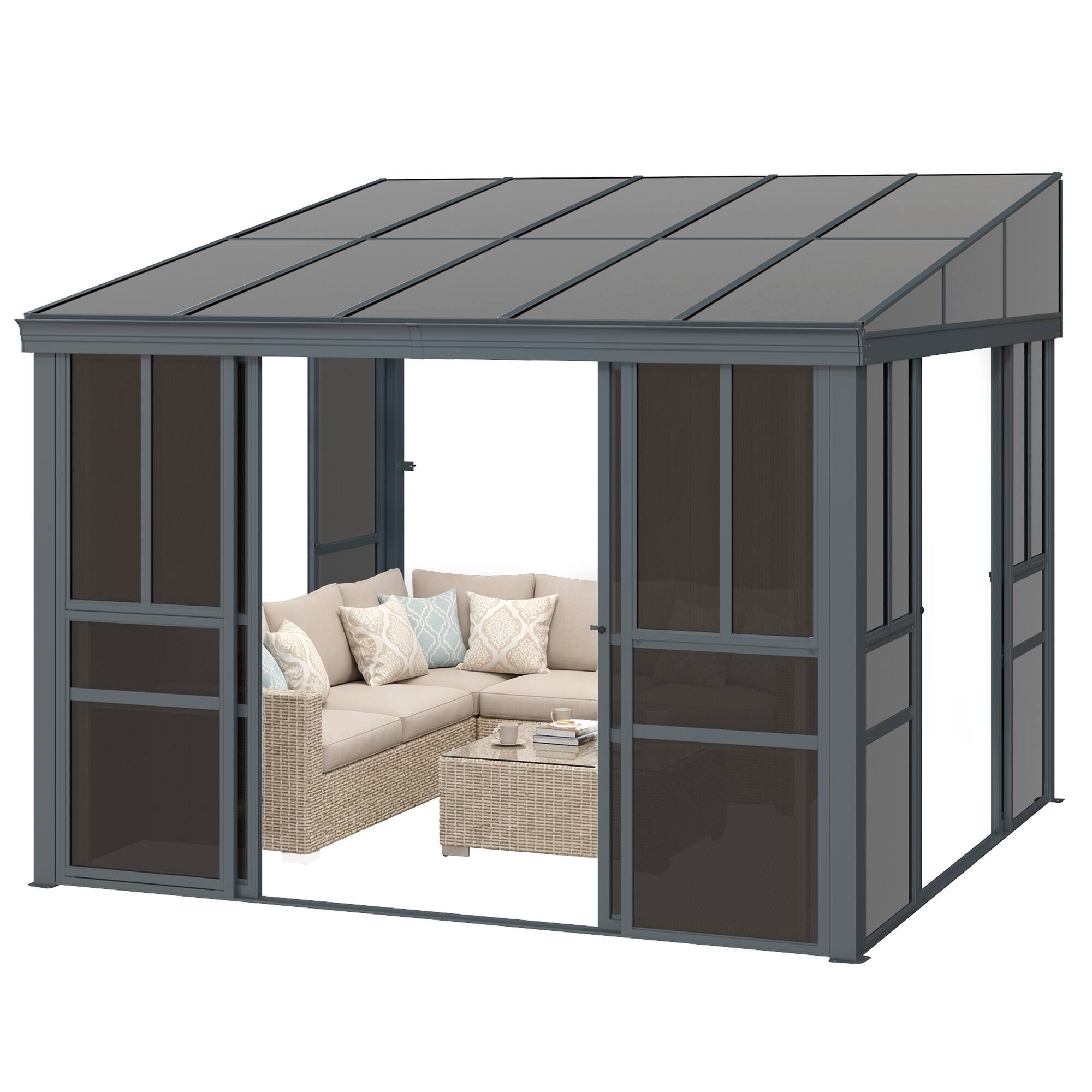 Alt View 4. U-HOMY - Grey Wall-Mounted Solarium Sunroom Kit with Sliding Doors and Adjustable Polycarbonate Windows - 10'x10'.