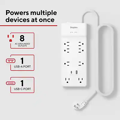 Stack Outlet Staples TECH 8 Outlet 2 USB Port Surge Protector, 6', 2100 Joules White ...