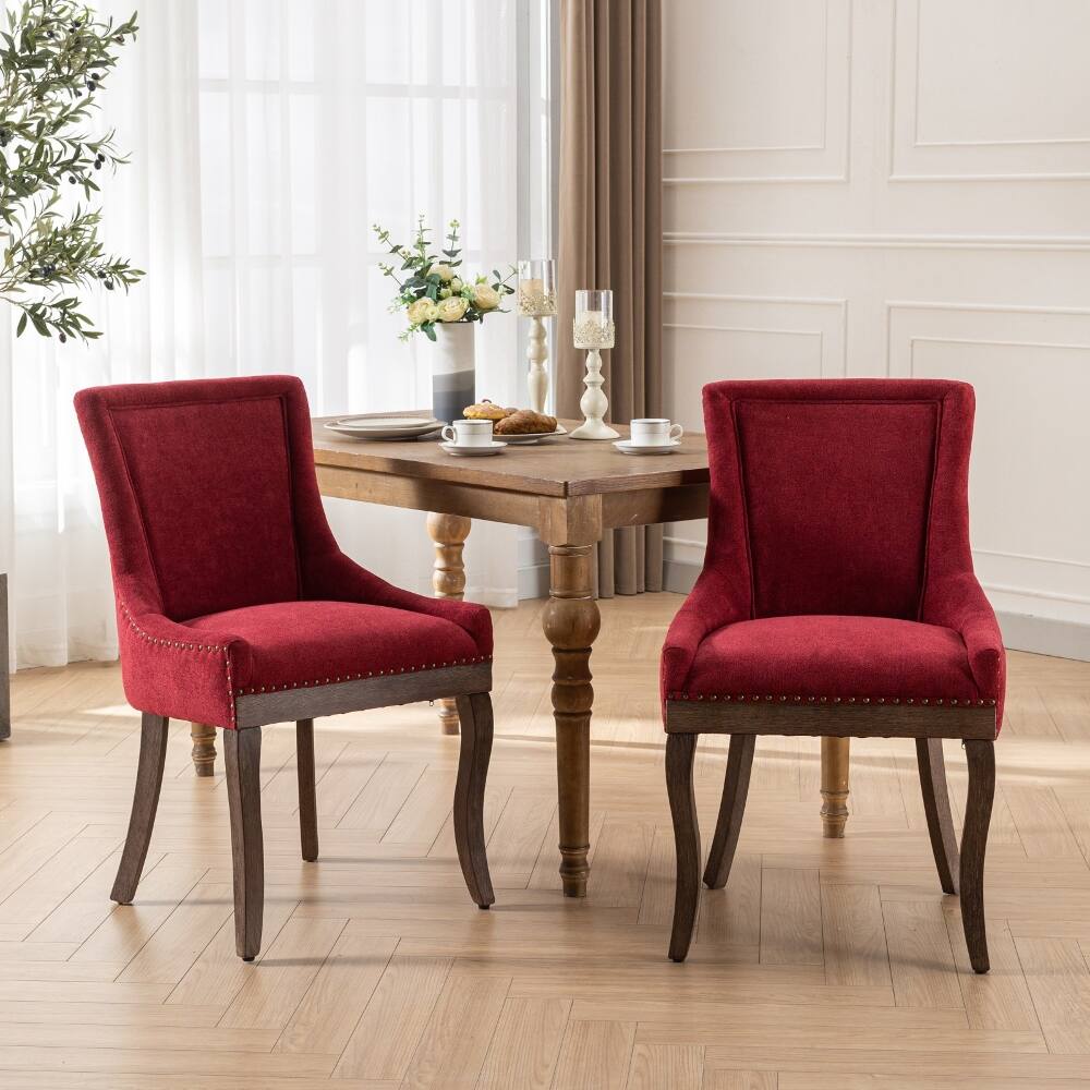 Alt View 10. Loheer - Loheer Wine Red Dining Chairs Set of 2 Burgundy Fabric Solid Wood Legs Bronze Nailhead Trim Mid-Century Modern - Wine Red.