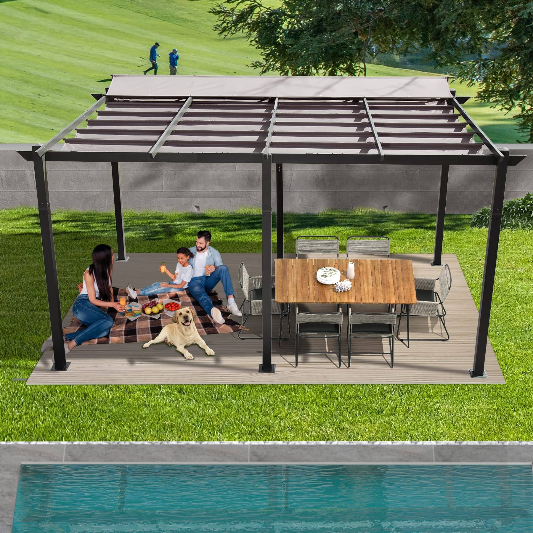 Left. Mondawe - 11' X 16' Retractable Pergola with Weather-Resistant Canopy - Dark Gray.