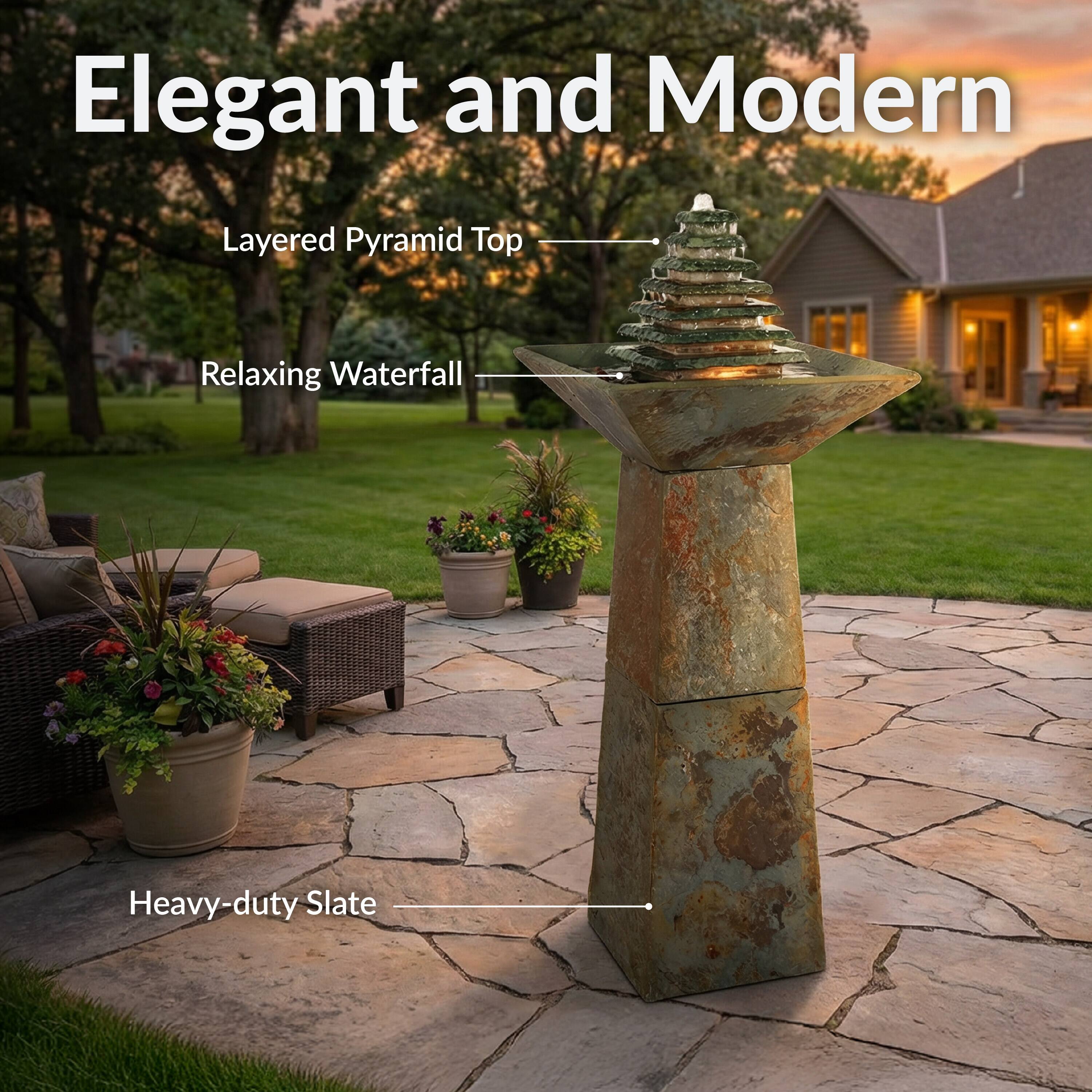 Elegant and Modern

- Layered Pyramid Top
- Relaxing Waterfall
- Heavy-duty Slate