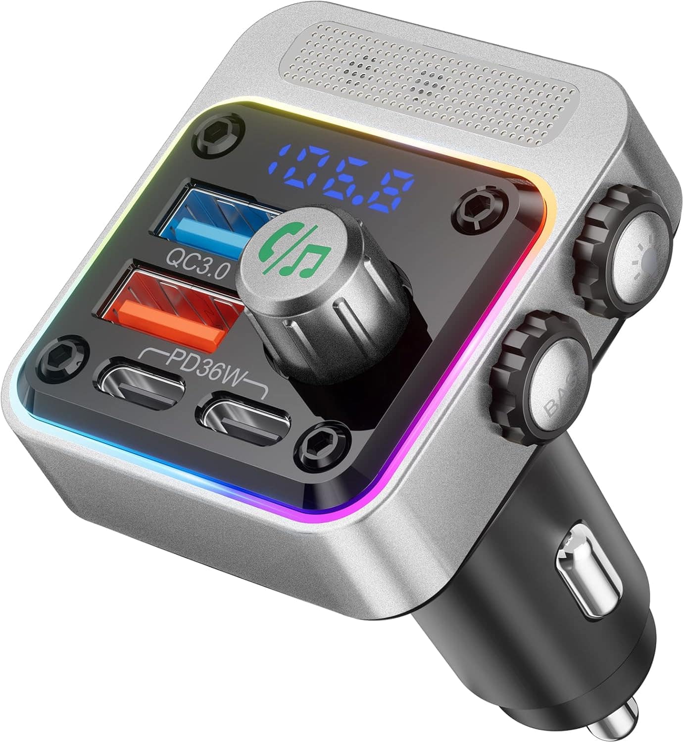 Core Tech - 54W Bluetooth 5.3 FM Transmitter Car Adapter 4-Port Charger - Silver