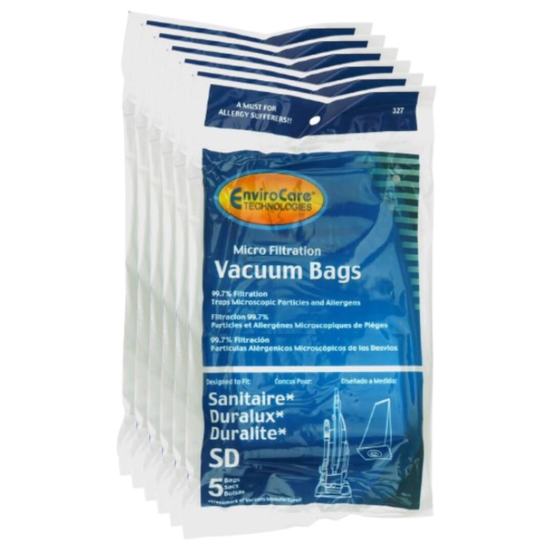 A MUST FOR ALLERGY SUFFERERS!  
327 EnviroCare Technologies Micro Filtration Vacuum Bags  
99.7% Filtration Traps Microscopic Particles and Allergens  
Filtration 99.7% Particules et Allergènes Microscopiques de Plèges  
99.7% Filtración Partículas Alérgenicas Microscópicas de los Desvios  
Designed to Fit:  
Sanitaire* Duralux* Duralite* SD  
5 Bags