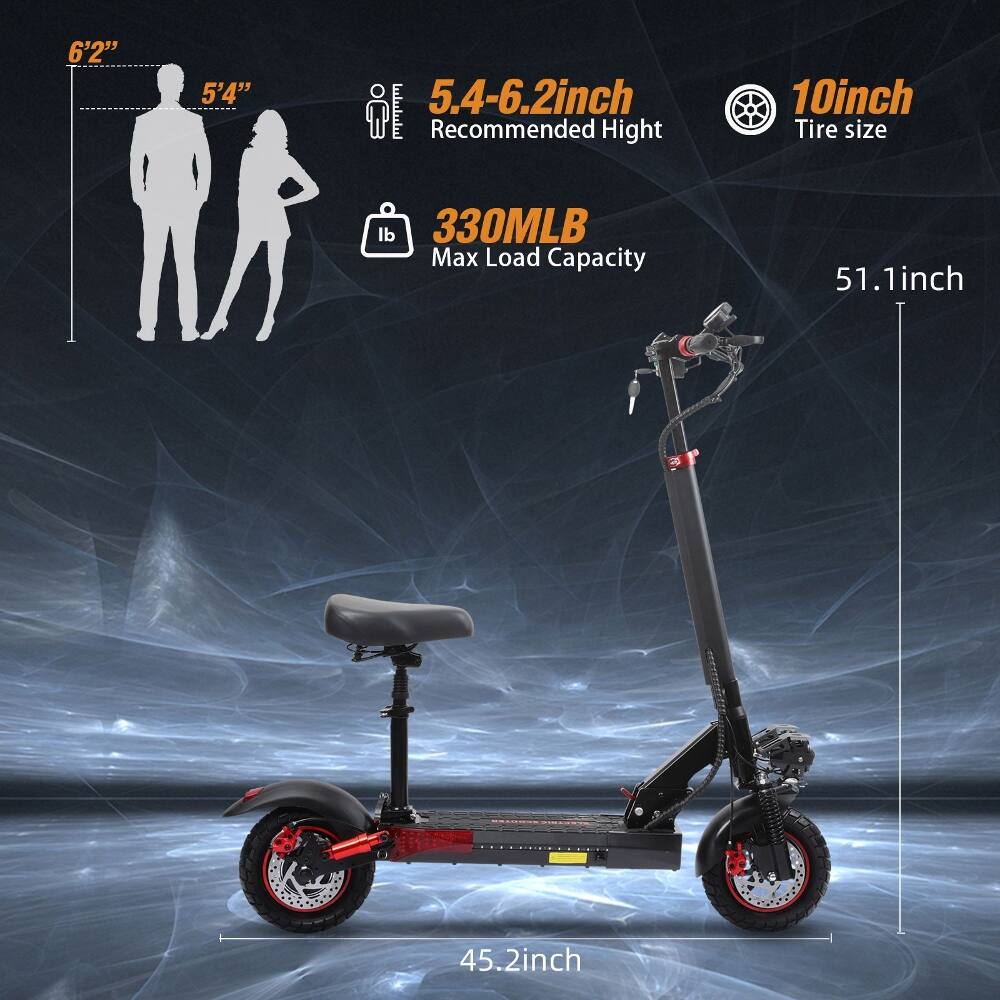 6'2" 5'4"  
5.4-6.2inch Recommended Height  
10inch Tire size  
330MLB Max Load Capacity  
51.1inch  
45.2inch