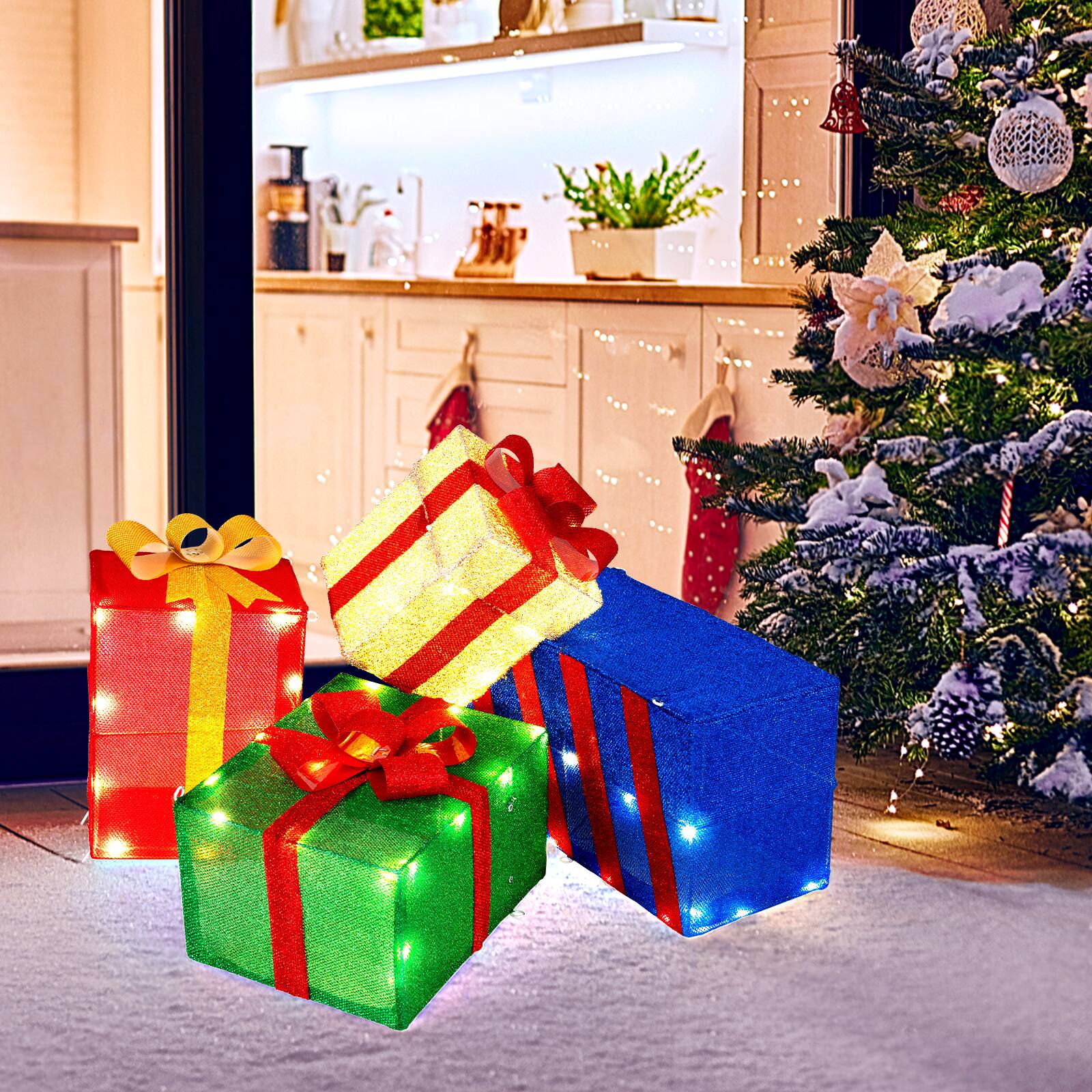 Alt View 4. Gymax - Gymax 4 PCS Christmas Lighted Gift Boxes w/Colorful Bows 52 Warm White LED Lights Multicolor - Multicolor.