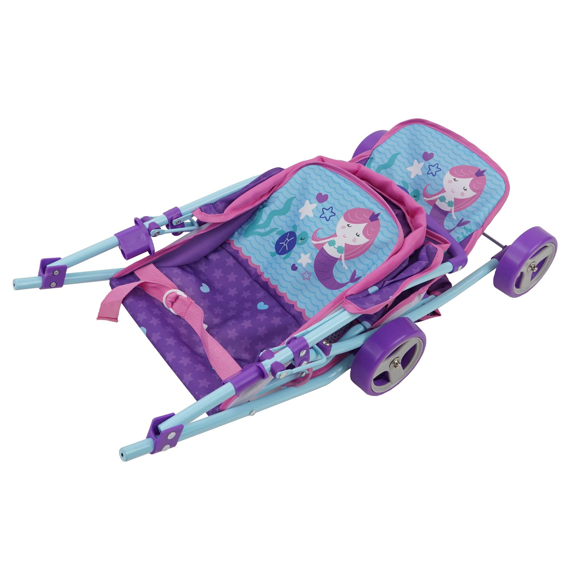 Left. 509 Crew - 509: Mermaid Twin Doll Stroller W/ Retractable Canopy, 2 Seats.