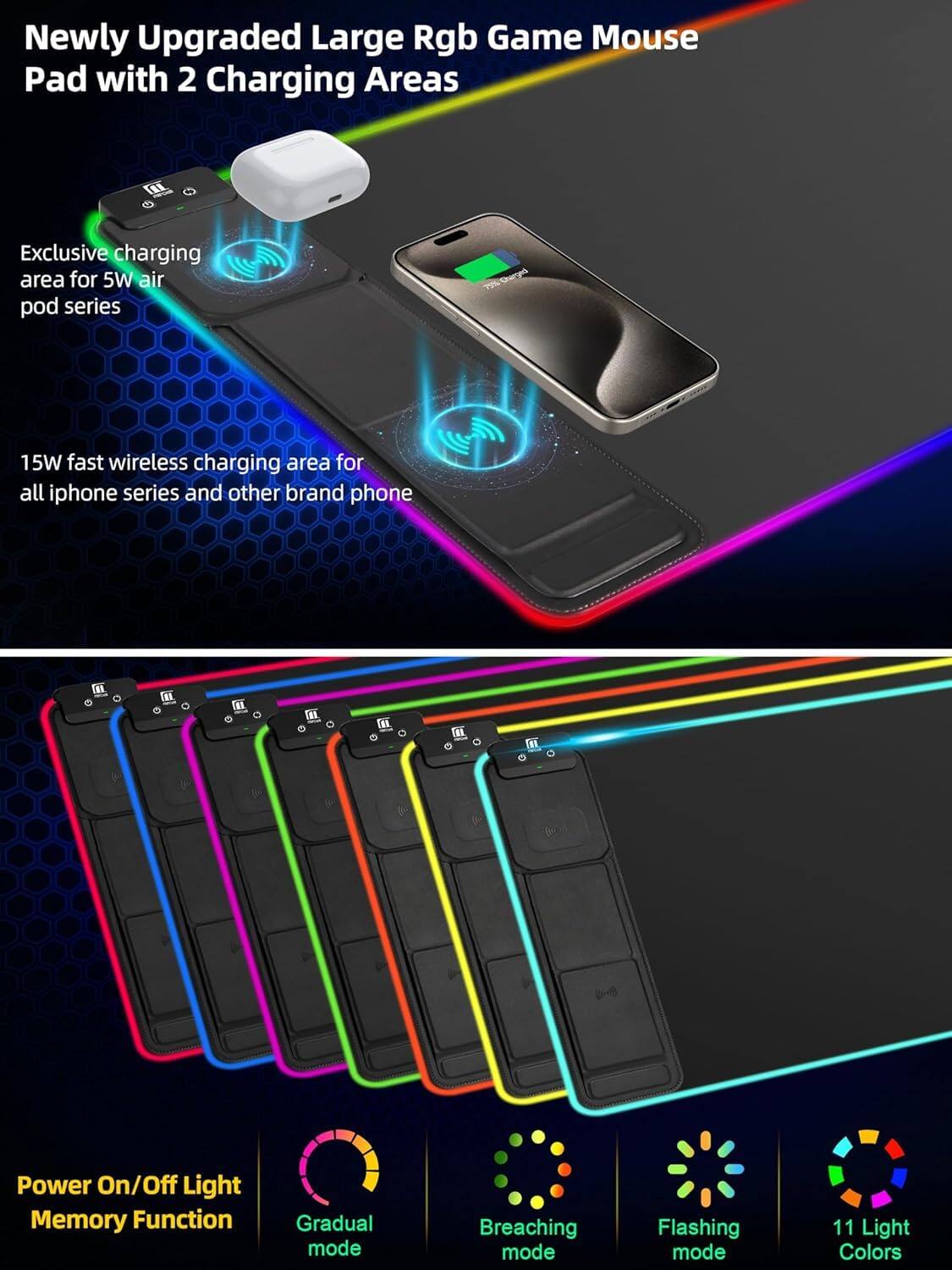 Newly Upgraded Large Rgb Game Mouse Pad with 2 Charging Areas

Exclusive charging area for 5W air pod series

15W fast wireless charging area for all iphone series and other brand phone

Power On/Off Light Memory Function

Gradual mode

Breaching mode

Flashing mode

11 Light Colors