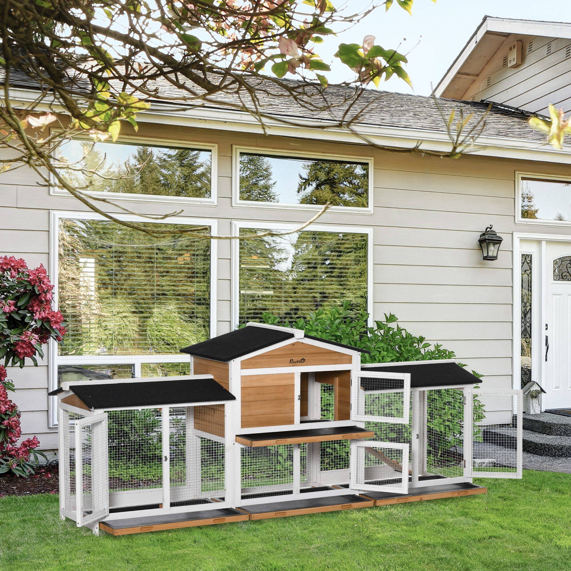 Alt View 1. Pawhut - Wooden Rabbit Hutch Bunny Cage Pet Playpen House Enclosure with Double Side Run Boxes, No Leak Tray.