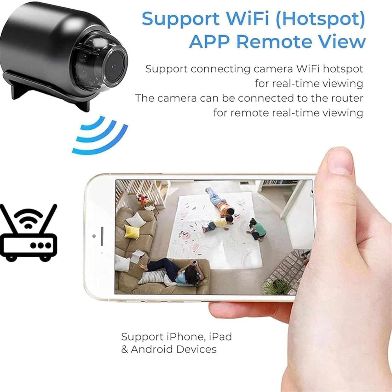 Support WiFi (Hotspot) APP Remote View

Support connecting camera WiFi hotspot for real-time viewing. The camera can be connected to the router for remote real-time viewing.

Support iPhone, iPad & Android Devices