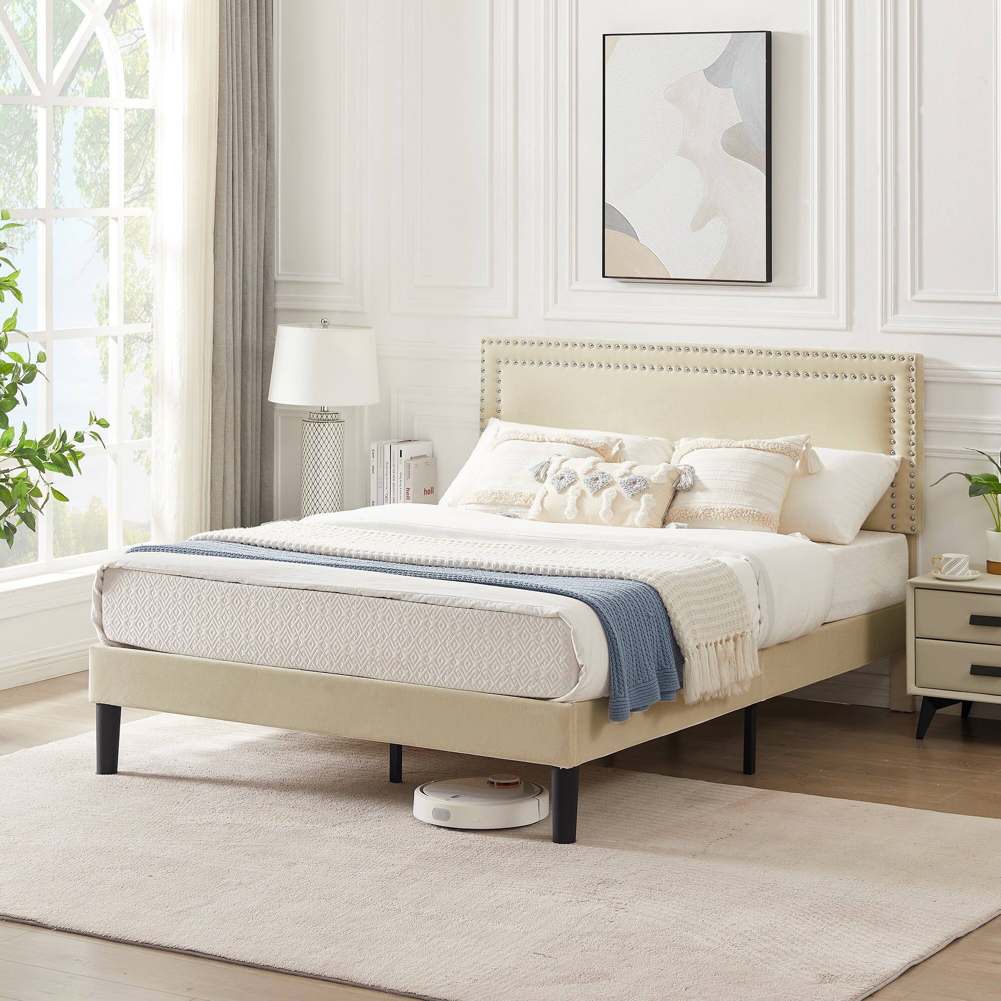 Alt View 1. Vecelo - Full Size Platform Bed Frame with Adjustable Upholstered Headboard, Strong Wood Slat Support,No Box Spring Needed - Beige.