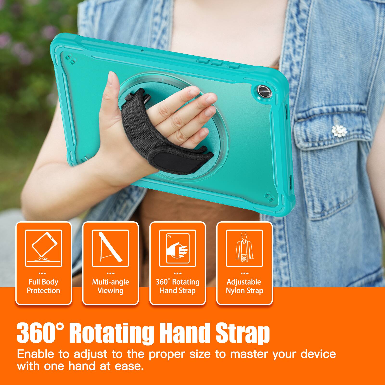 Full Body Protection  
Multi-angle Viewing  
360 Rotating Hand Strap  
Adjustable Nylon Strap  

360° Rotating Hand Strap  
Enable to adjust to the proper size to master your device with one hand at ease.
