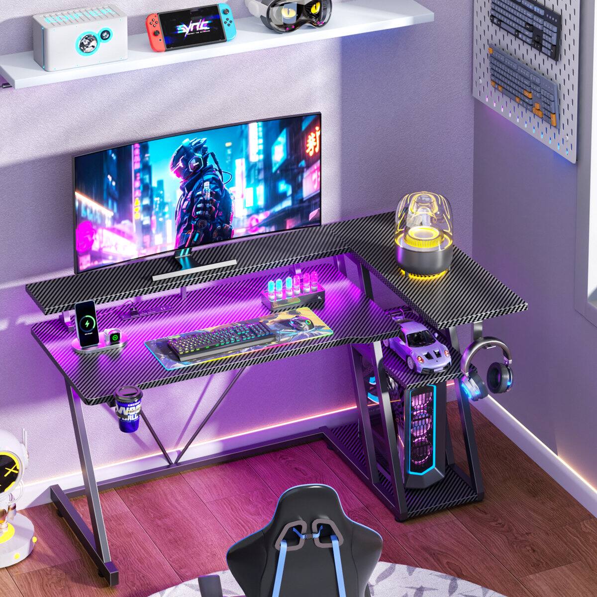 Furnulem - 39 In Gaming Desk with Monitor StandCPU StandPower OutletLED LightHome Office Desk with Cup HolderHeadphone Hook - Black
