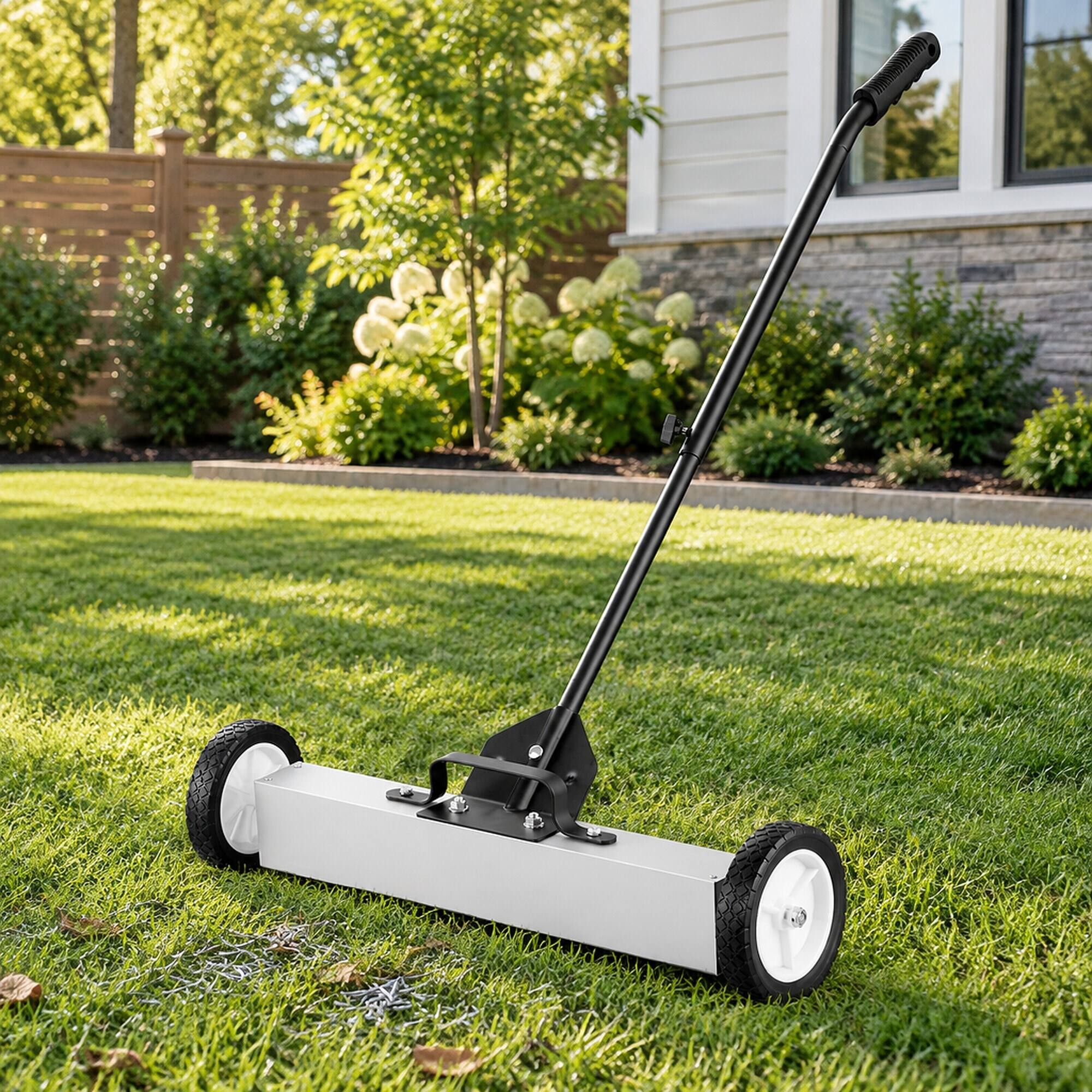 Angle. RYHNUYNE - 50 lbs Rolling Magnetic Sweeper, 24 in Wide Pickup, Telescoping Handle, Push-Type Yard and Garage Cleanup Tool - White.