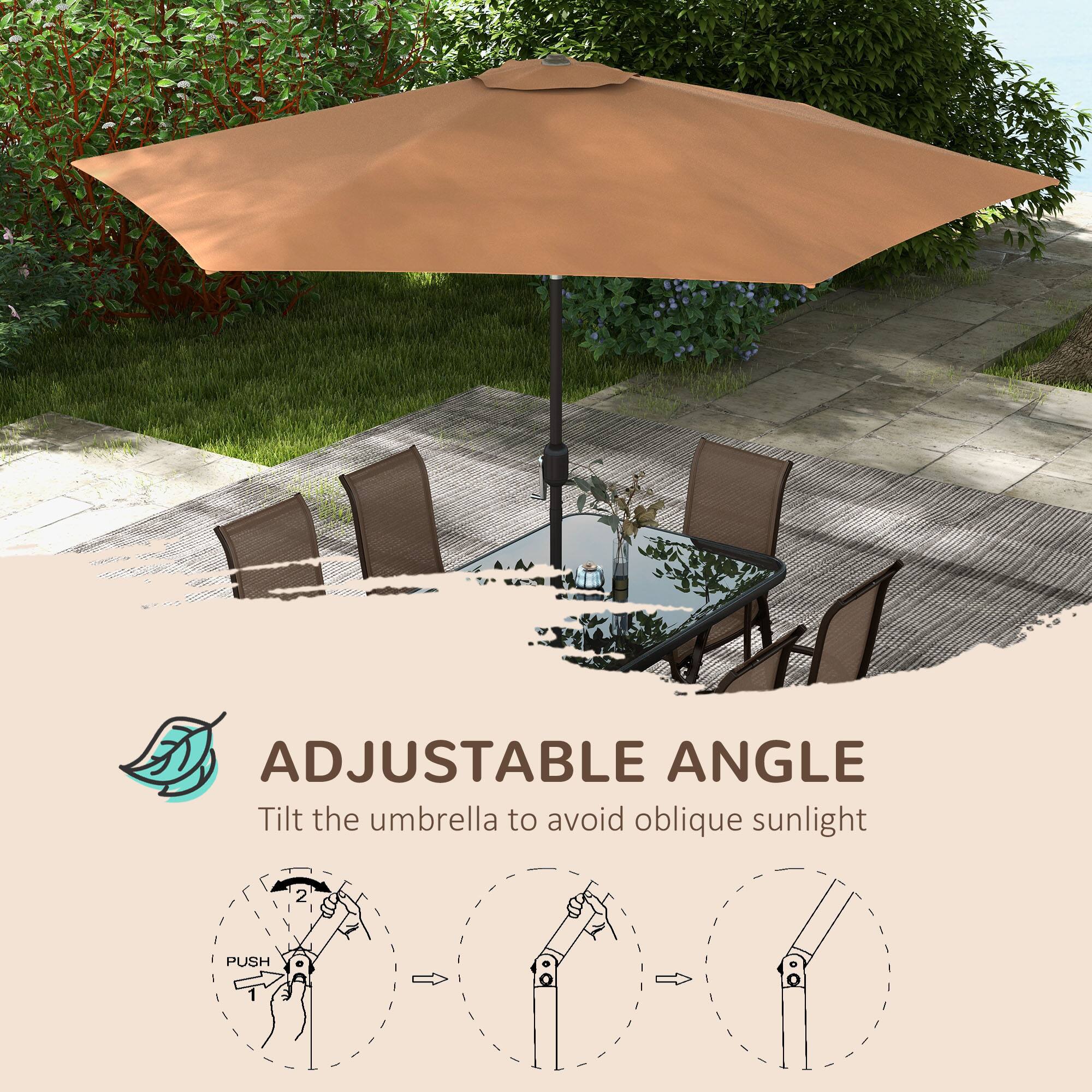 ADJUSTABLE ANGLE  
Tilt the umbrella to avoid oblique sunlight  

1. PUSH  
2.