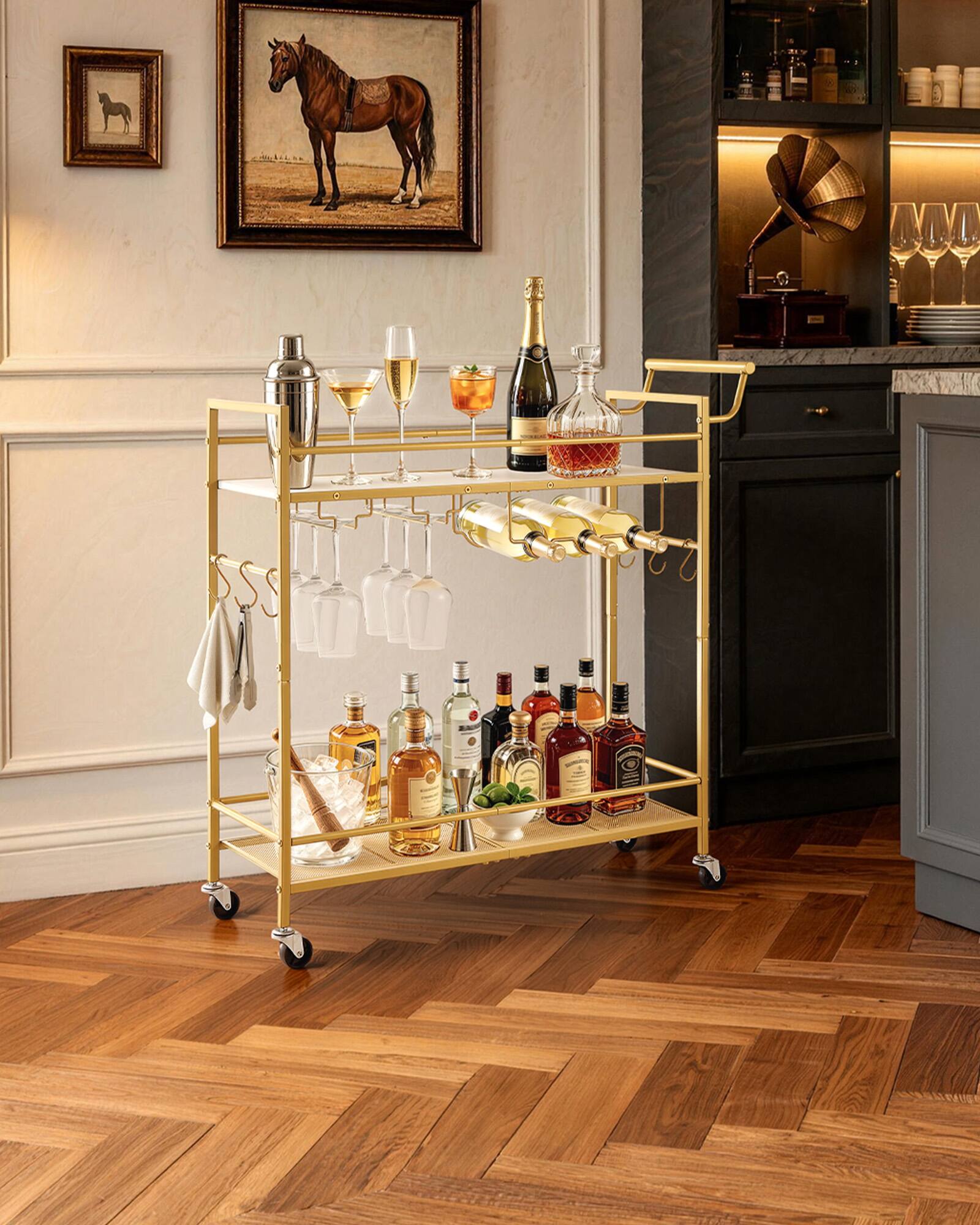 Alt View 3. VEVOR - Bar Cart, 2 Tiers Home Kitchen Serving Carts, Modern Rolling Utility Station on Wheel, Mobile Drink Beverage Trolley - Gold + White.