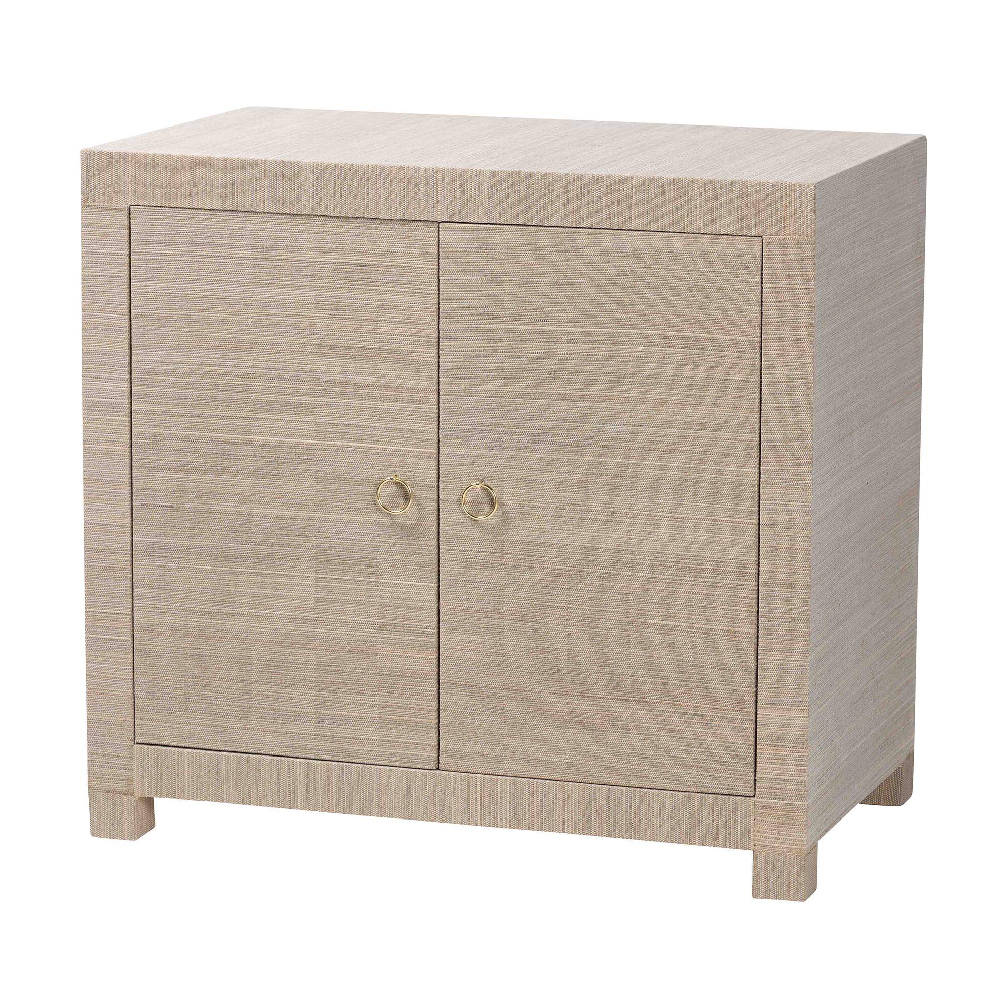 Front. bali & pari - bali & pari Halen Natural Grasscloth Storage Cabinet - Two-Door Console Storage Solution with Gold Ring Pulls - Beige.