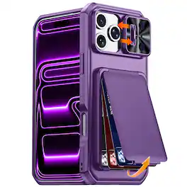 Dteck - Rugged Shockproof Flip Stand RFID Wallet Case Sliding Camera Lens Cover for Apple iPhone 17 Pro Max - Purple