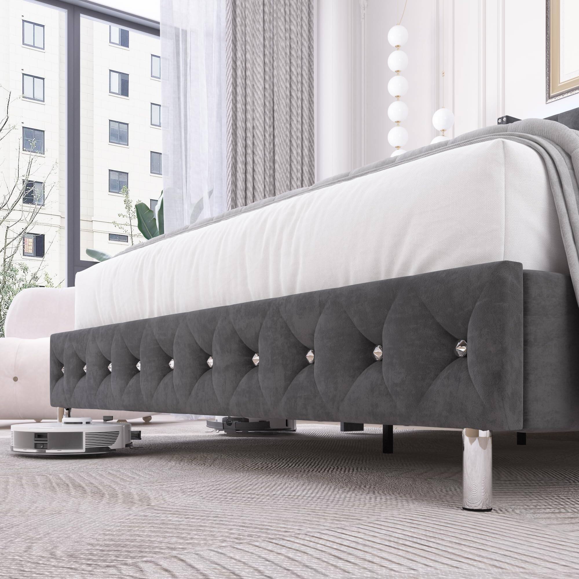 Alt View 8. Lent Glitter Wood - Queen LED Upholstered Bed Frame with Wingback Headboard, Velvet Diamond Tufting, USB Type-C Ports Lights - Dark Grey.