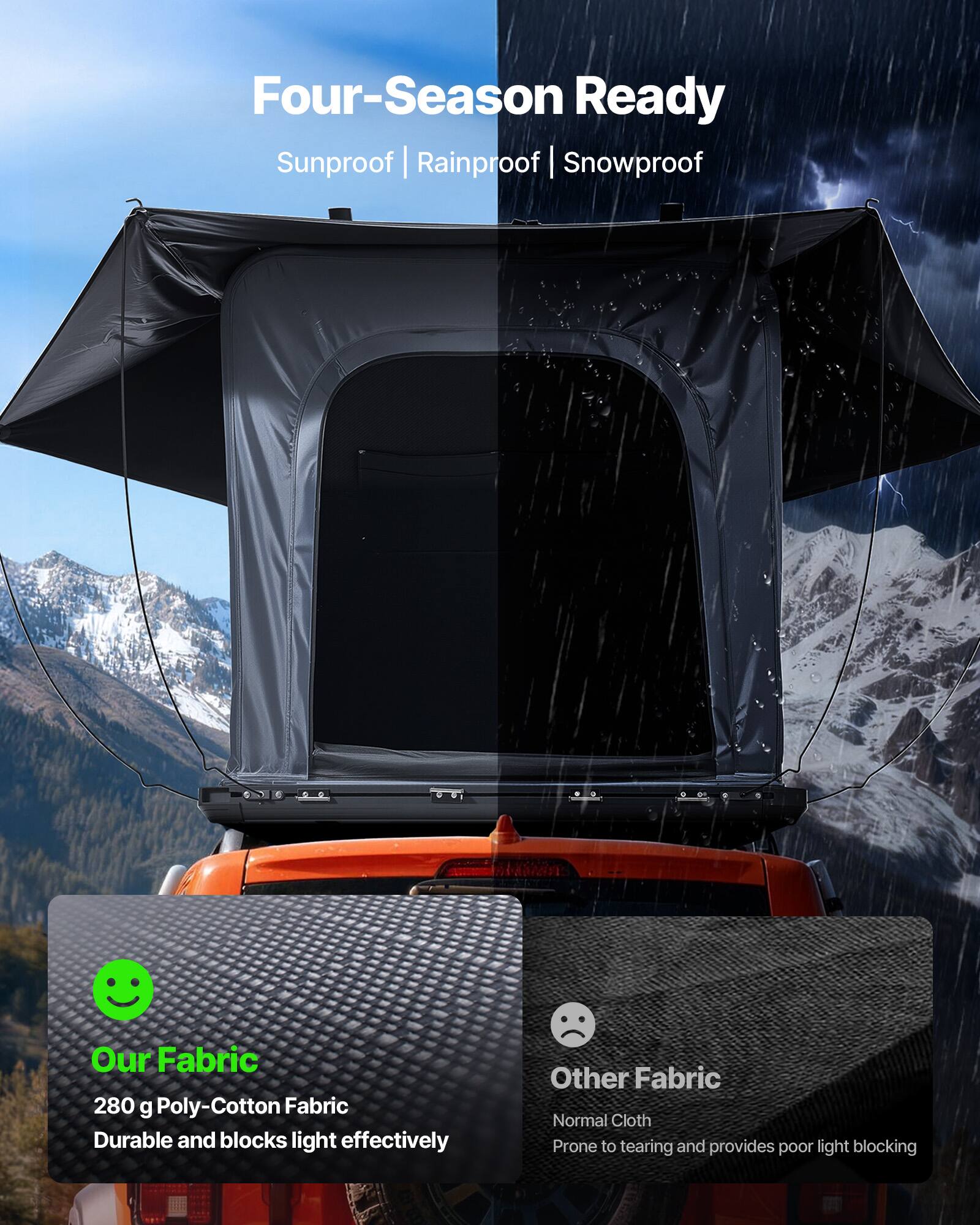 Four-Season Ready  
Sunproof | Rainproof | Snowproof  

Our Fabric  
280 g Poly-Cotton Fabric  
Durable and blocks light effectively  

Other Fabric  
Normal Cloth  
Prone to tearing and provides poor light blocking